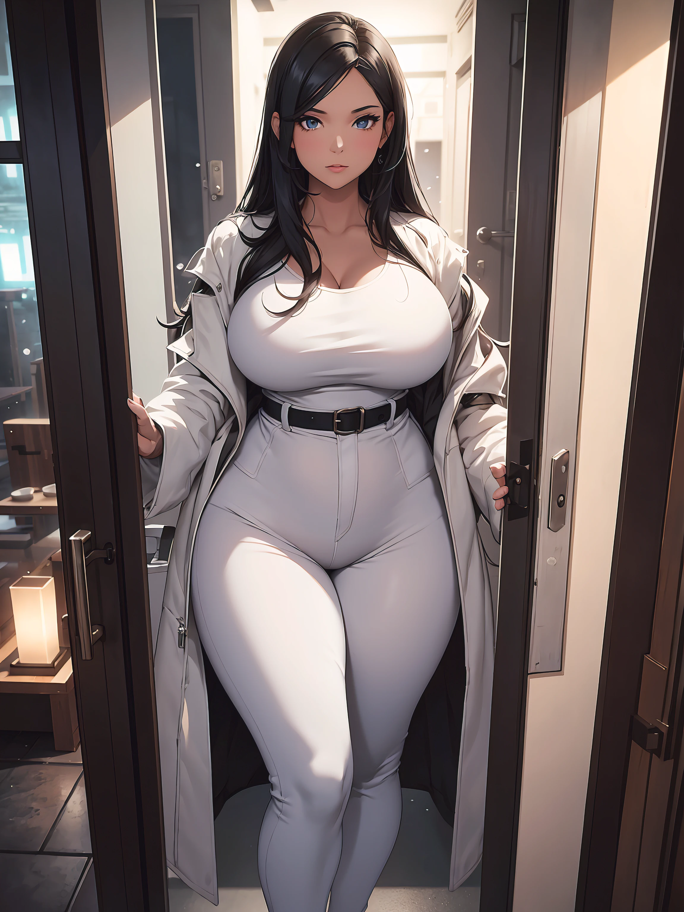 View through a door to the outside, night, winter, a voluptuous woman with a curvy body waits outside, long black hair, she is wearing a white top, black open winter coat, tight light blue pants, Is undecided whether she should enter, depth of field, shot from above