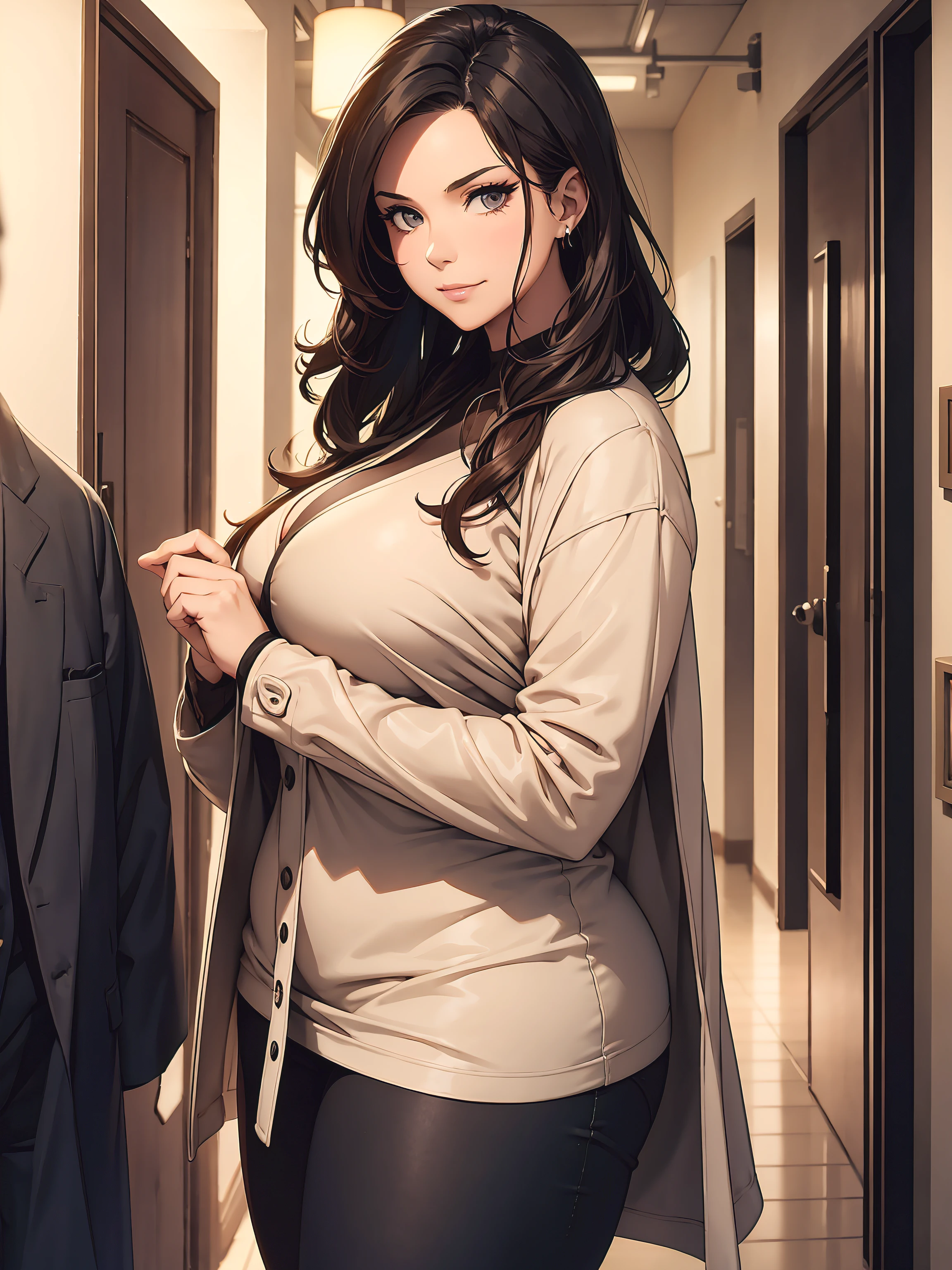 In a hallway, voluptuous woman with a curvy body, she takes off her coat and hangs it on the coat rack, she is wearing a tight top, tight pants, smirk, depth of field, shot from the side,