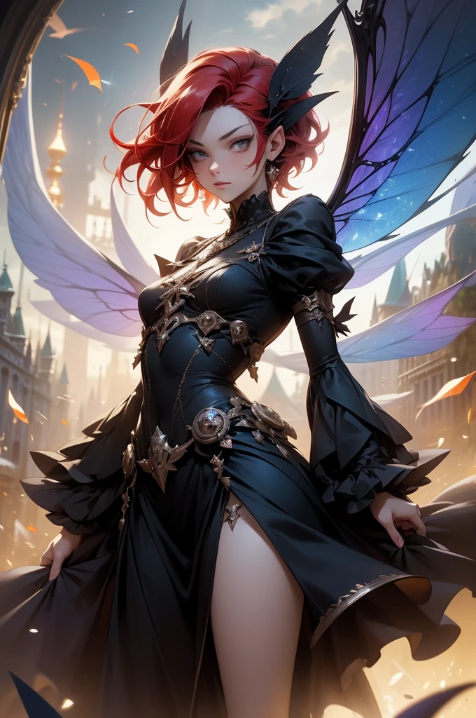 (Absurd, high quality, ultra -compared, careful with the hand) fairy, fairy wings, dreamer body, vivid, romantic and all. Optimistic face, just lies, without entry and intellectual. Reckless style, cold heart, impatient and too confident. Gray eyes, ripe and dark (eyes of the eyes), enchanted fairy (pixie) . Short hair, red hair. In the carnival row illustration, flying. Whole body