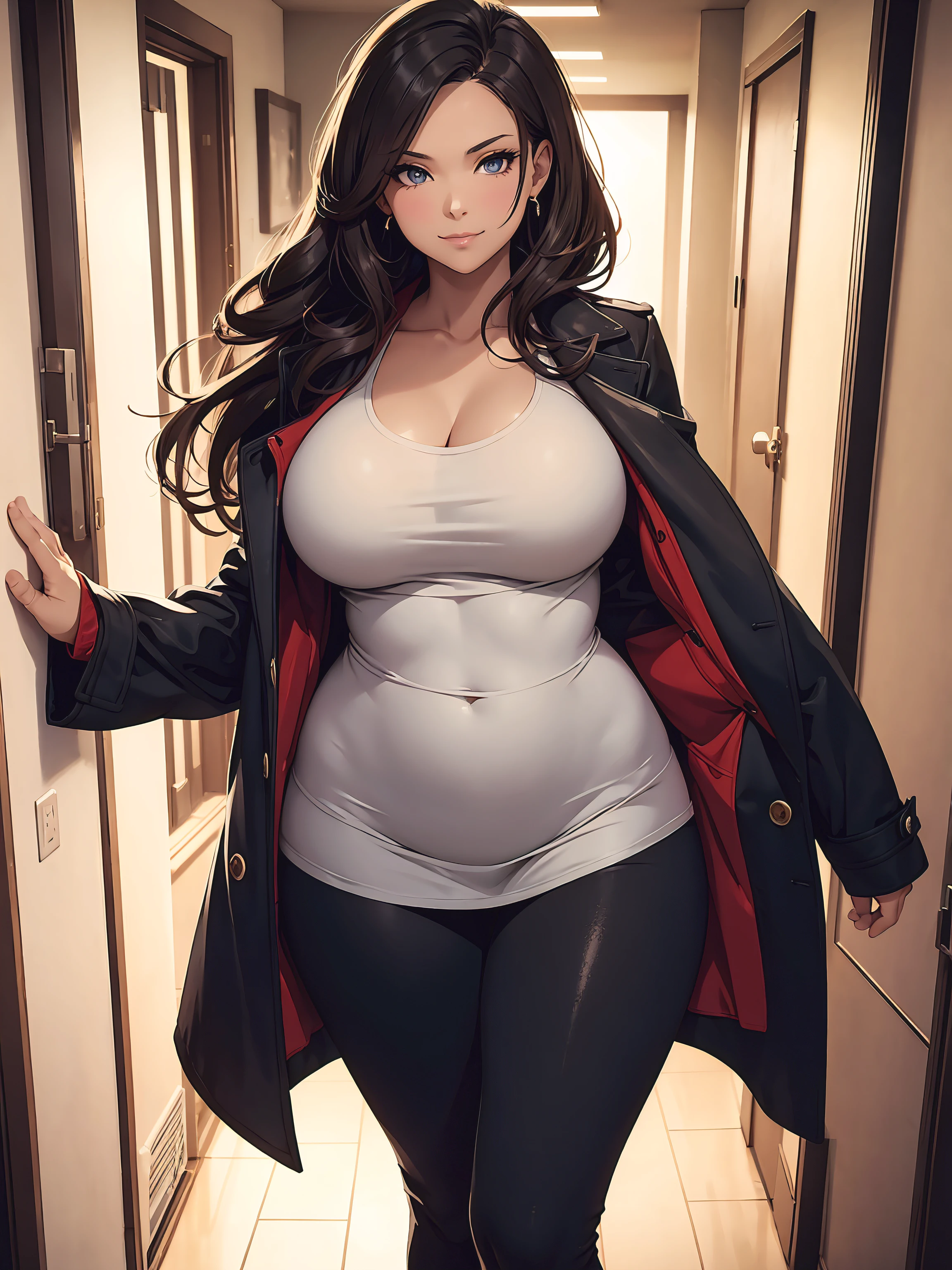 In a hallway, voluptuous woman with a curvy body, she takes off her coat and hangs it on the coat rack, she is wearing a tight top, tight pants, smirk, depth of field, shot from above,