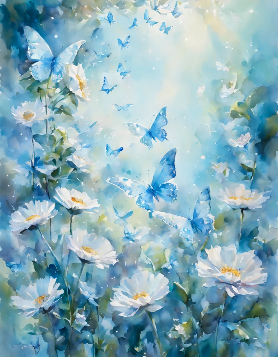 dream, flowers turn into light blue sparkling butterflies in random sizes, flying towards morning light,  impressionism, watercolor, tilting