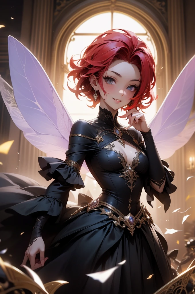 (Absurd, high quality, ultra -compared, careful with the hand) fairy, fairy wings, dreamer body, vivid, romantic and all. Optimistic face, just lies, without entry and intellectual. Reckless style, cold heart, impatient and too confident. Gray eyes, ripe and dark (eyes of the eyes), enchanted fairy (pixie) . Short hair, red hair. In the carnival row illustration, flying. Whole body, smiling.