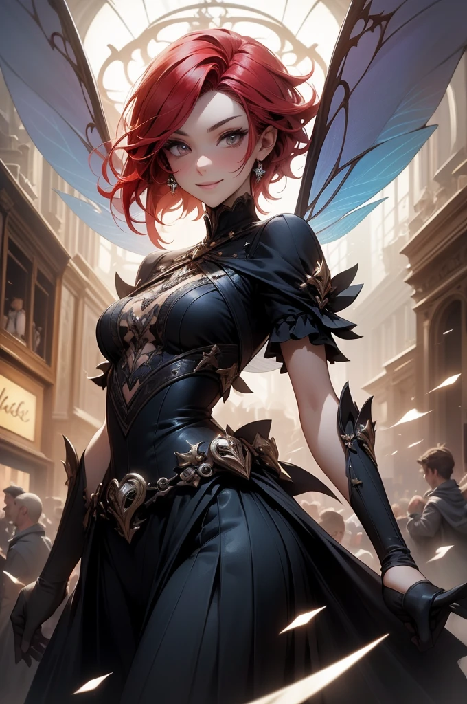 (Absurd, high quality, ultra -compared, careful with the hand) fairy, fairy wings, dreamer body, vivid, romantic and all. Optimistic face, just lies, without entry and intellectual. Reckless style, cold heart, impatient and too confident. Gray eyes, ripe and dark (eyes of the eyes), enchanted fairy (pixie) . Short hair, red hair. In the carnival row illustration, flying. Whole body, smiling.