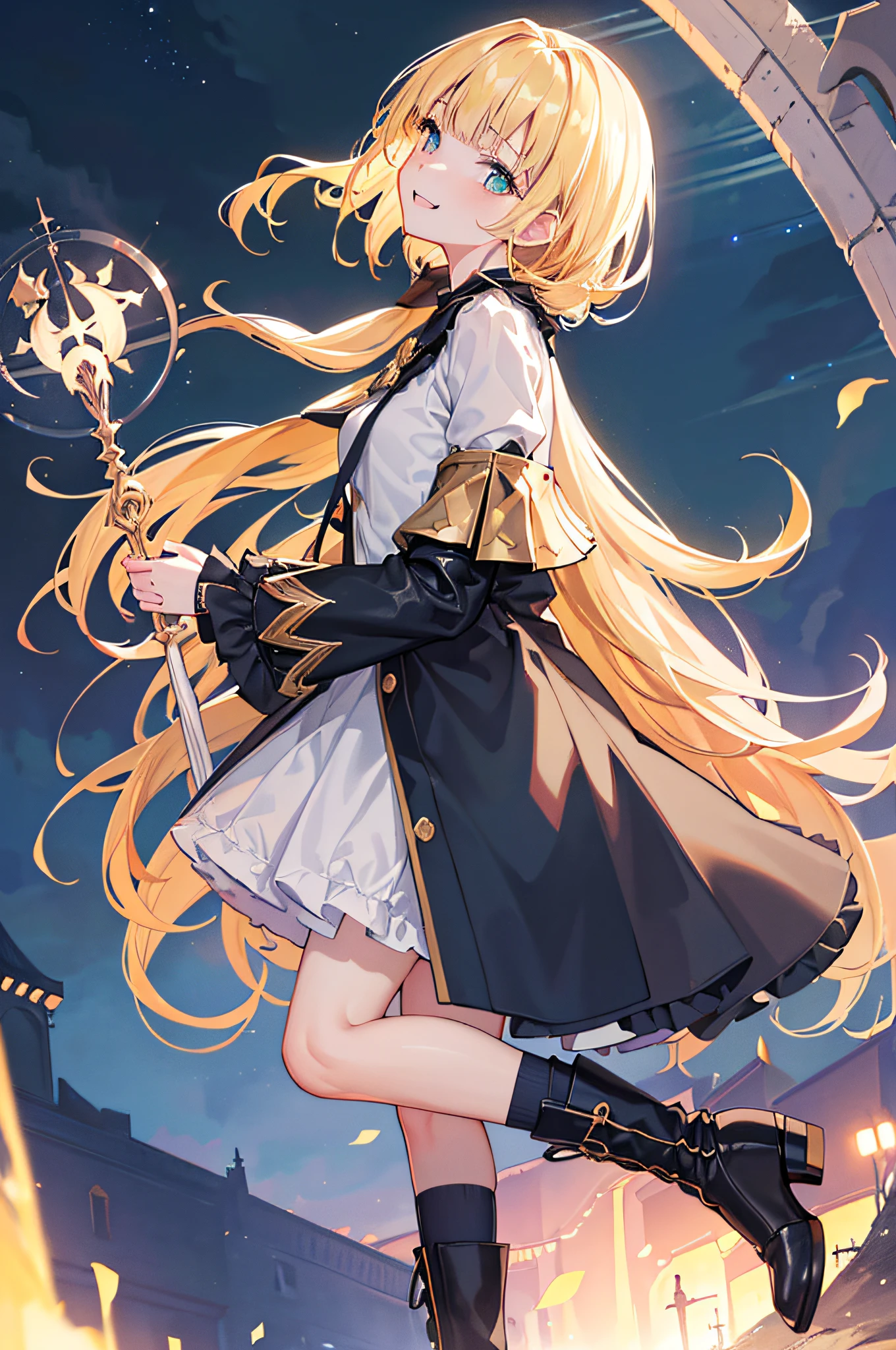 (Official art、Best Quality、Unity 8k Wallpapers、32K、​masterpiece、ultra-detailliert、超A high resolution、realisitic、Photorealsitic:1.2)、(Cinematic lighting:1.2)、Fireglow effect、film grains、Best Shadows、Rim lighting、side lights、sideshot、(Ultra-detailed and complex 3D rendering)、Detailed beautiful face and eyes、Sharp pupils、Realistic pupils、A slender、１Man Woman、Medium bust、(Full body:1.2)、 Highly detailed background、beauitful face、16-year-old beautiful girl、(super detailed skin、detailed skin textures:1.3)、(Half Blonde、Colorful hair:1.3)、Blunt bangs、green colored eyes、magical girl costume、white  shirt、Costumes with frills、frills skirt、knee sox、(thighs thighs thighs thighs:0.8)、Black boots、(Fantastic and beautiful night sky、cathedral:1.4)、(carrying a magical staff:1.3)、(From Side:1.3)、Fantastical、Evil smile、I opened my mouth a little.