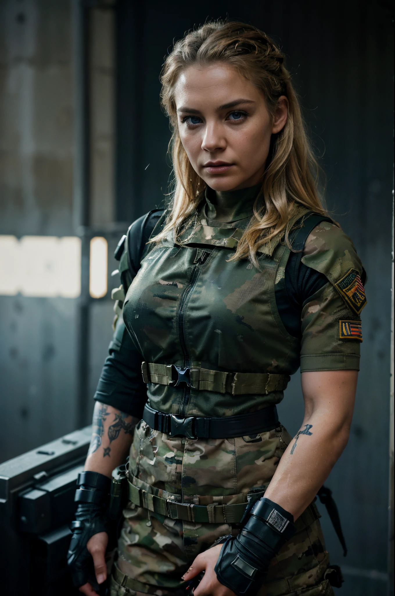 Cinematic battlefield in afghanistan, a ultra-detailed hyperrealistic photography of a beautiful 35 years old american soldier woman, (blonde hair with extra long wavy), piercing blue eyes, american aesthetics, short hair, night, curvy, beautiful curves, army aesthetics, special forces outfit, high emphasis on detail, style Semi Impasto, matte painting, atmospheric, glowing, dramatic lighting, beautiful eyes, symmetric eyed, perfect eyes, by Magali Villeneuve, wet, moist, reflection, (masterpiece) ( Perfect proportions) (realistic photos) (highest quality) (detail) shot taken by Canon EOS R5, 50mm lens, f/2.8, HDR, (8k) (wallpaper) (movie lighting) (dramatic lighting) (sharp focus) (complex) fashion, special forces, captain, american military, armed with 2 pistols, in combat, realistic uniform, multicam, fit, chest protection, united states military, camouflaged, multicam, american patter, bulletproof vest, covered skin, bullet rpoof vest, vest, weapon, gun, m4a1, m4a1 sopmod, special forces, combat zone, team leader, captain, united states military, officer, special forces, green berets, explosions, battle damage, short sleeves, tatoos, military tatoos, arm tatoo, short sleeved uniform, full arm tattoo, full sleeve armed tattoos, rolled sleeve, no sleeve