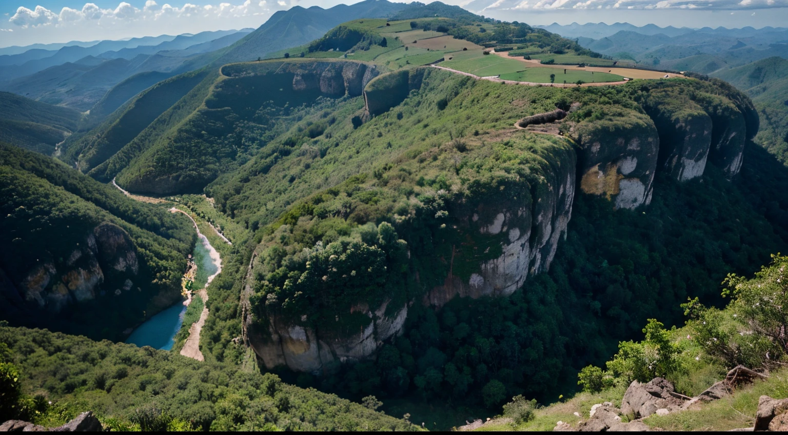 panoramic view of a mountain with a valley and some trees, landscape of africa, Paisagem do Sri Lanka, landscape view, " Aerial view of a mountain, ao longe uma colina rochosa, karst landscape ; Arremesso longo, paisagem rochosa, scenic full shot, amazing landscape in background, Planalto Rochoso, colinas rochosas, Foto tirada de longe