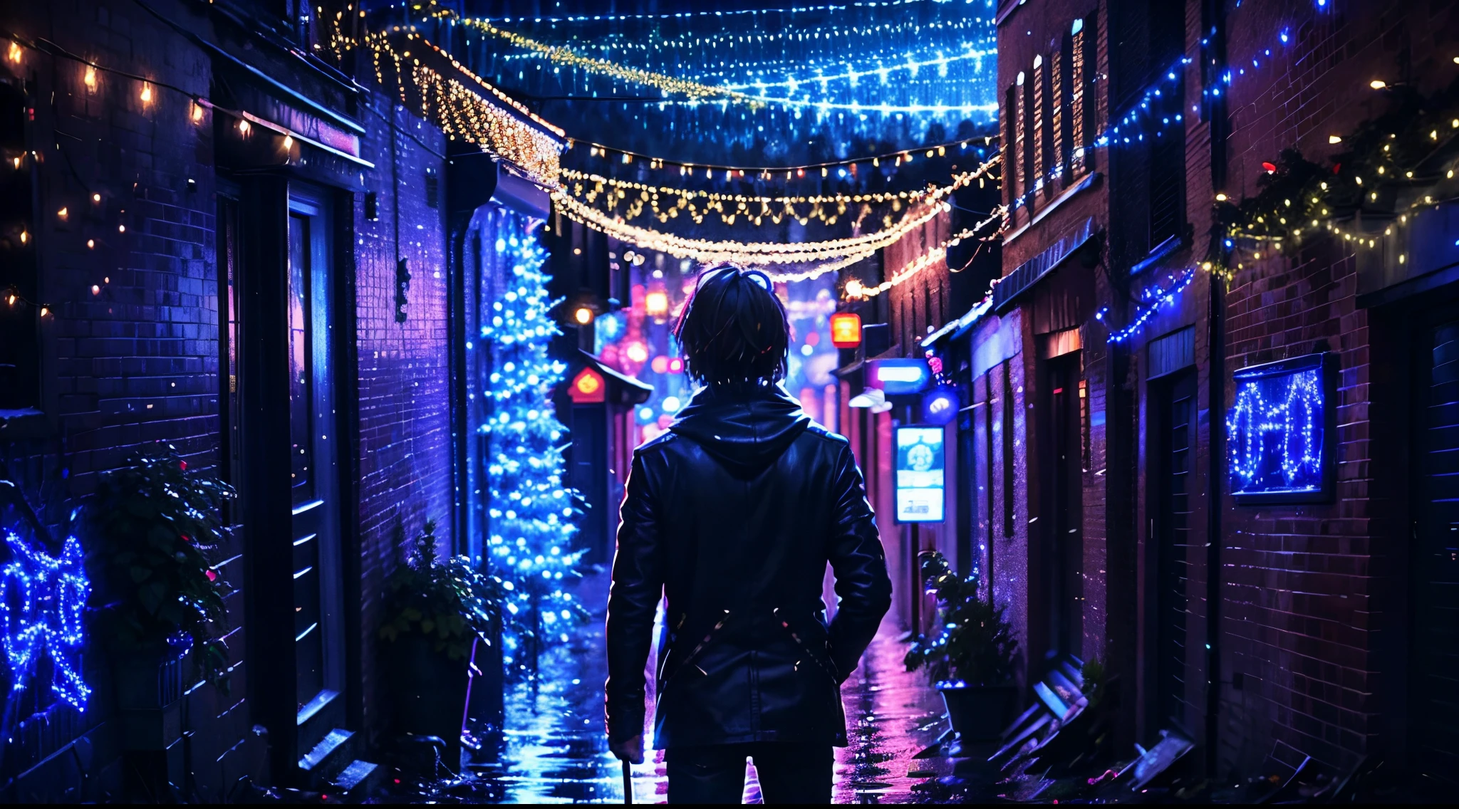 Christmas Lights in modern city steeal punk