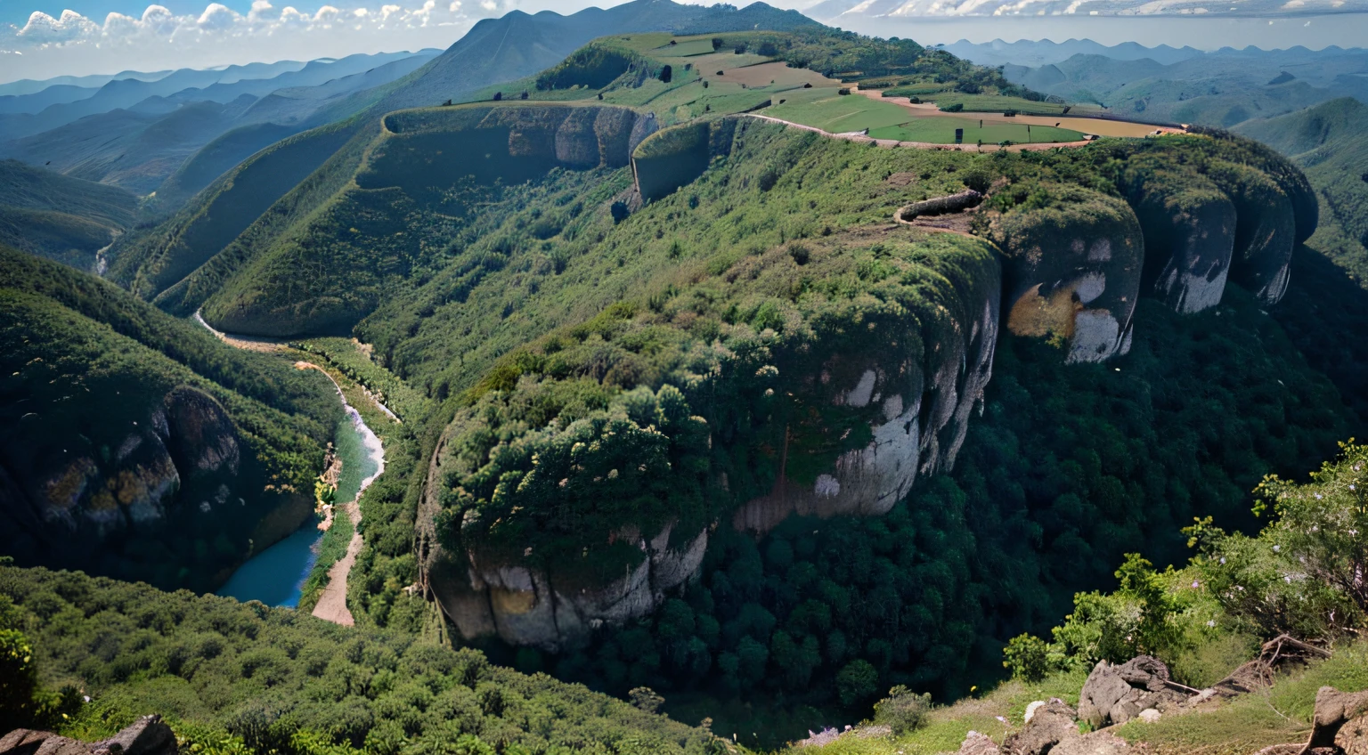 panoramic view of a mountain with a valley and some trees, landscape of africa, Paisagem do Sri Lanka, landscape view, " Aerial view of a mountain, ao longe uma colina rochosa, karst landscape ; Arremesso longo, paisagem rochosa, scenic full shot, amazing landscape in background, Planalto Rochoso, colinas rochosas, Foto tirada de longe