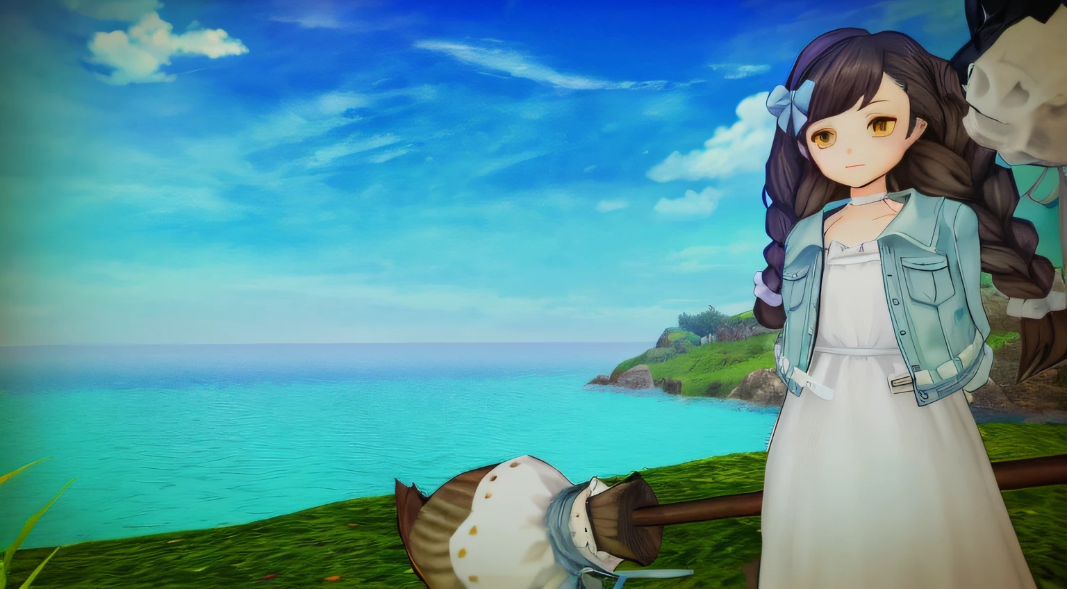 Anime girl standing next to a horse in a field near the sea, from bravely default ii, beautiful screenshot, pc screenshot, slide show, Nico Robin, Distant shots, screen capture, hd screenshot, octopath traveller style, full screen, screencapture, from the azur lane videogame, widescreen shot, videogame still, high quality screenshot, screen cap