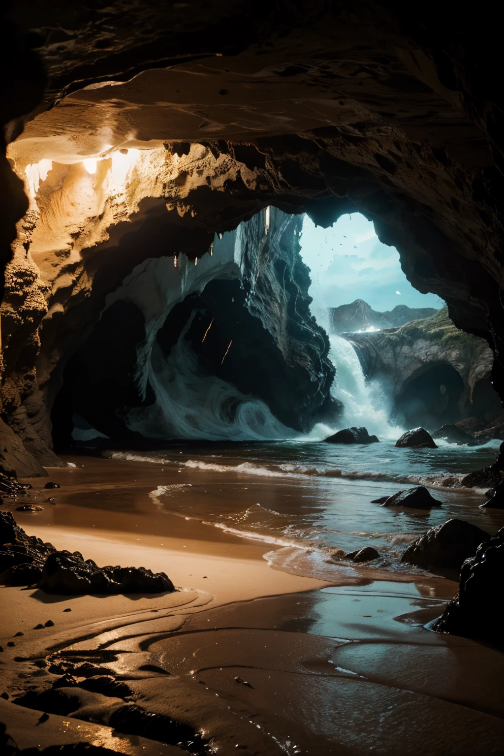 Masterpiece, Highest quality)), Full of details water, 4k, sea, coral, storm, large waves, debris from shop, sand, cave, inside a cave,((background)), (((inside cave)))