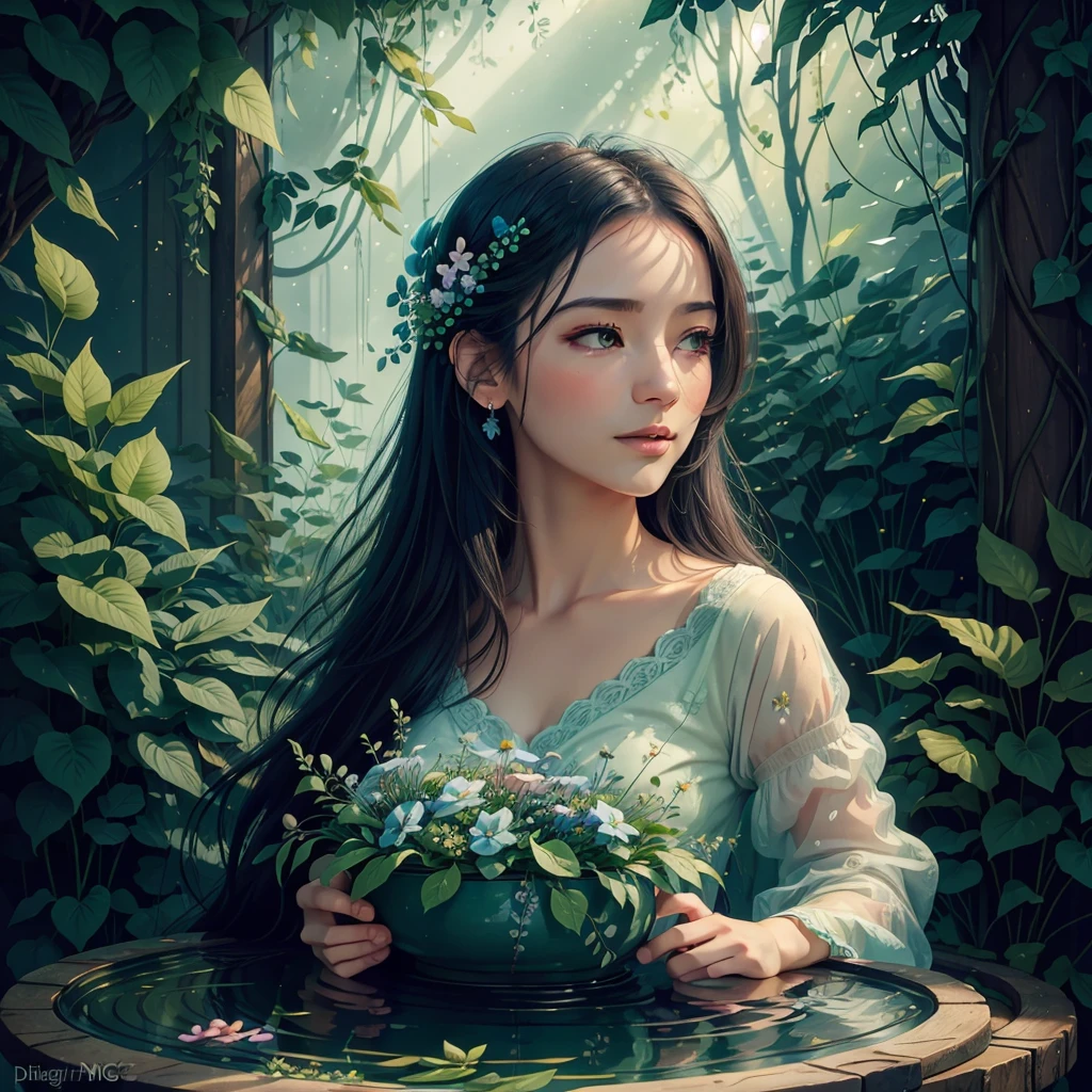 beautifully blooming flowers,vibrant indigo color,blossoming petals,delicate floral details,soft green leaves,fresh spring atmosphere,dewdrops on petals,romantic garden setting,(best quality,highres),impressive floral arrangement,ethereal beauty,rich color palette,natural light illuminating the scene,dreamy and serene ambiance,meticulously hand-painted (medium),botanical artwork,meticulous attention to detail,subtle textures and gradients,realistic composition,2D illustration style,peaceful and tranquil setting