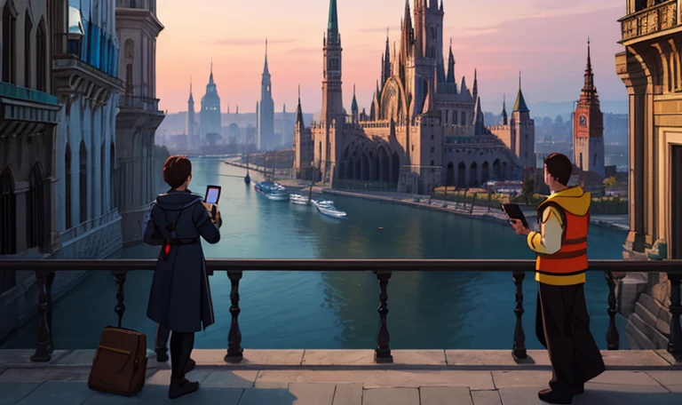 Modern city in a fantasy world, fantasy characters using modern technology like smartphones.