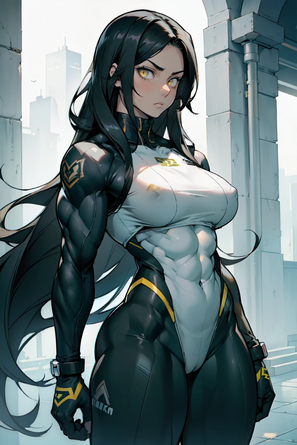 ((((muscular 1girl)))) ((((thick toned body breasts)))) (pale skin) black hair yellow eyes very long hair expressionless expressionless skintight