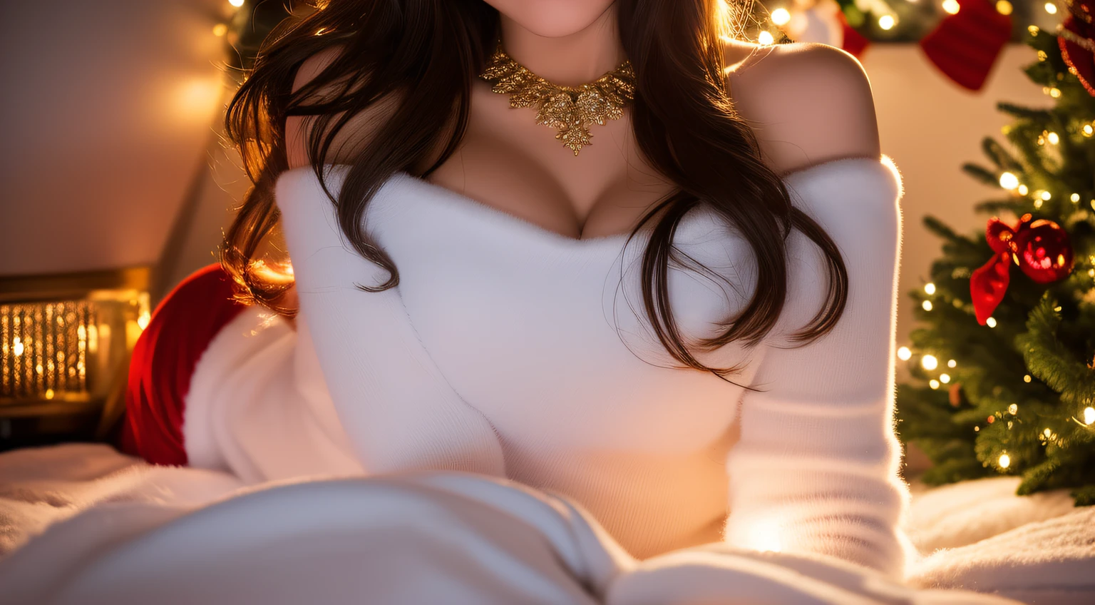 (Best Quality,4K,hight resolution,masutepiece:1.2),Realistic,Christmas,girl (21 years old),Hugging a big teddy bear,stuffed animal,Wear warm clothes,Snow falling in the background,Winter wonderland,Joyful expression,Magical atmosphere,Soft lighting,Vivid colors,Happiness,laught,Welcoming environment,Warmth,Smiling eyes,Curly hair,Shimmering decoration,Twinkling lights,toy train set,wrapped present,Rooftop with Santa Claus and reindeer flying in the distance,magic snowflake,christmas tree with ornaments,log cabin,curl up near the fireplace,hot chocolate with marshmallows,Peace and quiet,Excitement and anticipation,Snowy landscape,childhood innocence,Enchanted moments,Playful laughter,Upholstered stockings,Holiday spirit,love and togetherness.thighs thighs thighs thighs、off shoulders