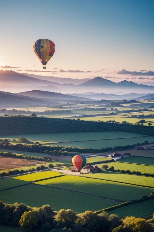 "(best quality, sumo), estado: wooden hot air balloon, throne in the center of a large village square (em uma colina com vista para o campo, cores certas, paisagem pitoresca, peaceful, sereno, early morning, Surrealista, Ethereal, sol suave, nuvens brilhantes, Brisa suave, aventura, alegre, excitante, "
