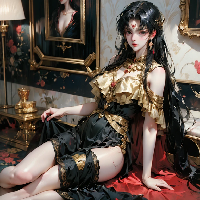 Highest image quality,a beauty girl,Wearing black and gold and red summer dress,Lace,leg loops,solo person,Sit on your knees,liveroom,Elegant temperament,adolable,mischievouy bangs,aquarelle,Depiction of the thighs and above,natural soft light,Facing the viewer,exquisite facial features,s the perfect face,Glowing skin,Eyes as bright as jewels,Thick paint color Hong Kong style,Long hair with clear shawl and bulging chest,cropped shoulders,No underwear,Clothes are soaked,whaite hair,Red eyes