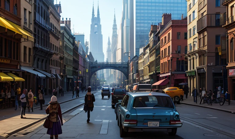 Modern city in a fantasy world, fantasy characters using modern technology like smartphones.