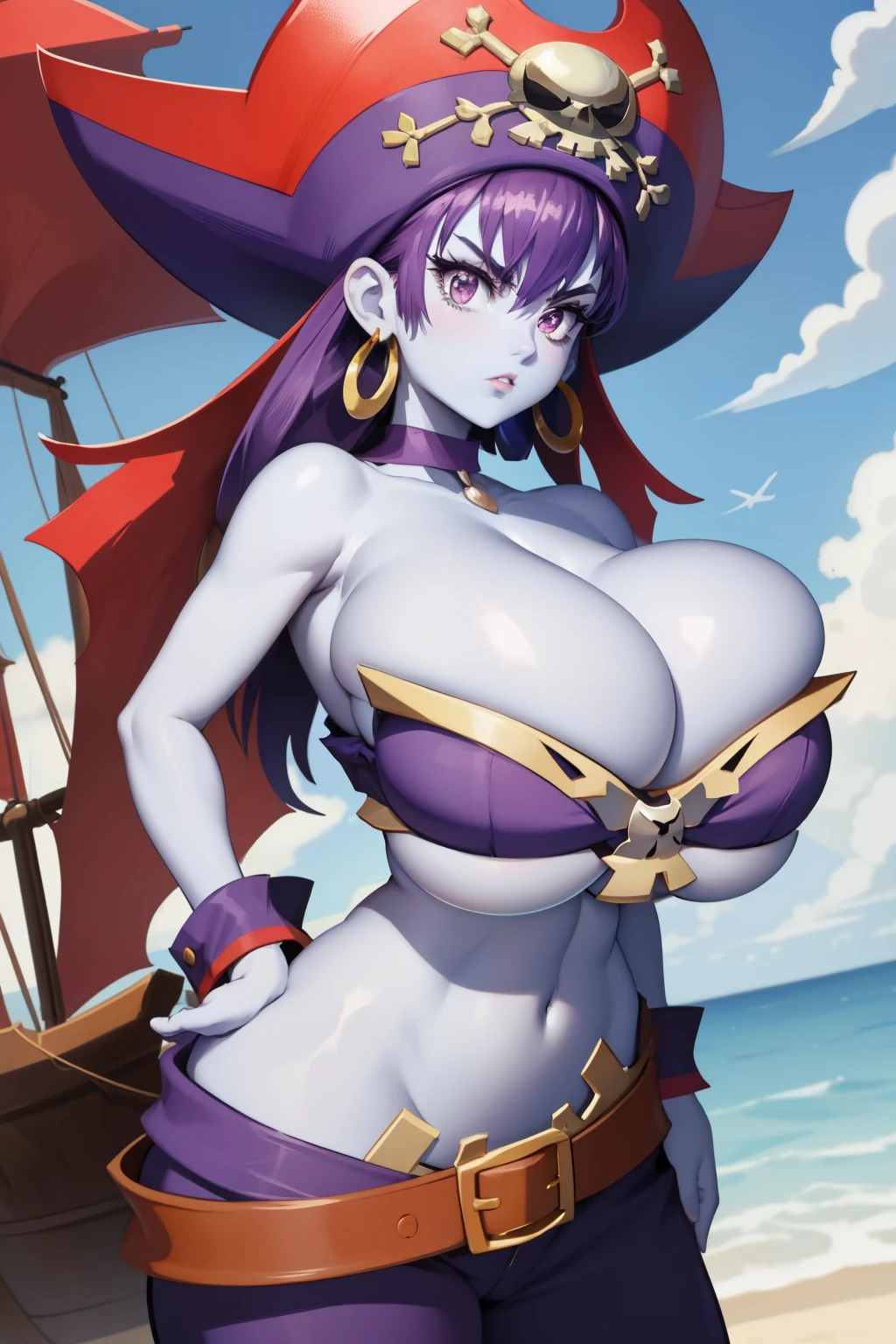 masterpiece, best quality, risky, ((blue skin)), pirate hat, choker, wrist cuffs, hoop earrings, bustier, belt, purple pants, upper body, looking at viewer, furrowed brow, ocean, pirate ship, ((gigantic breasts:1.5)), (underboob:1.1)