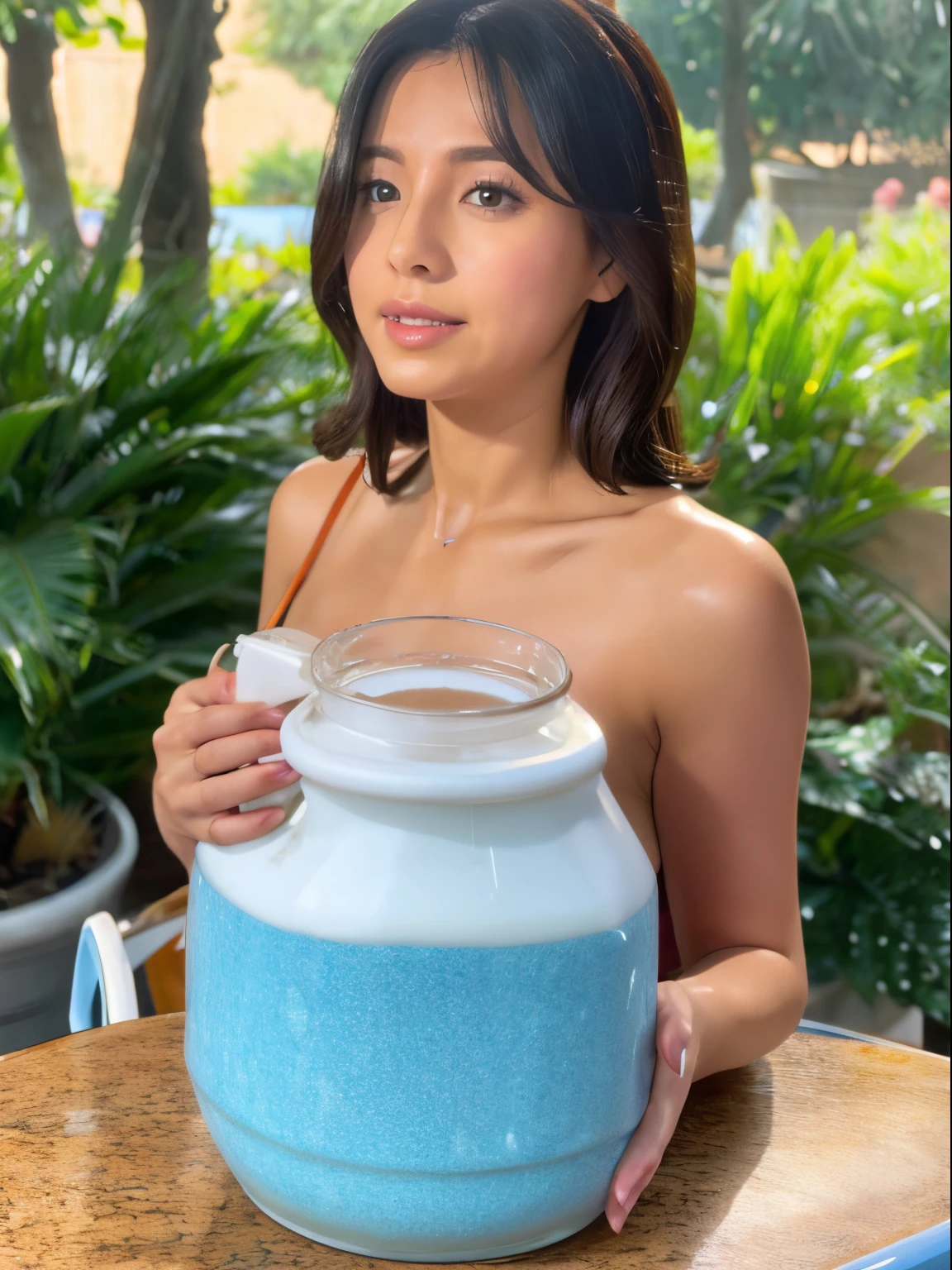 Mujer con tetas grandes tirando de su leche metarna