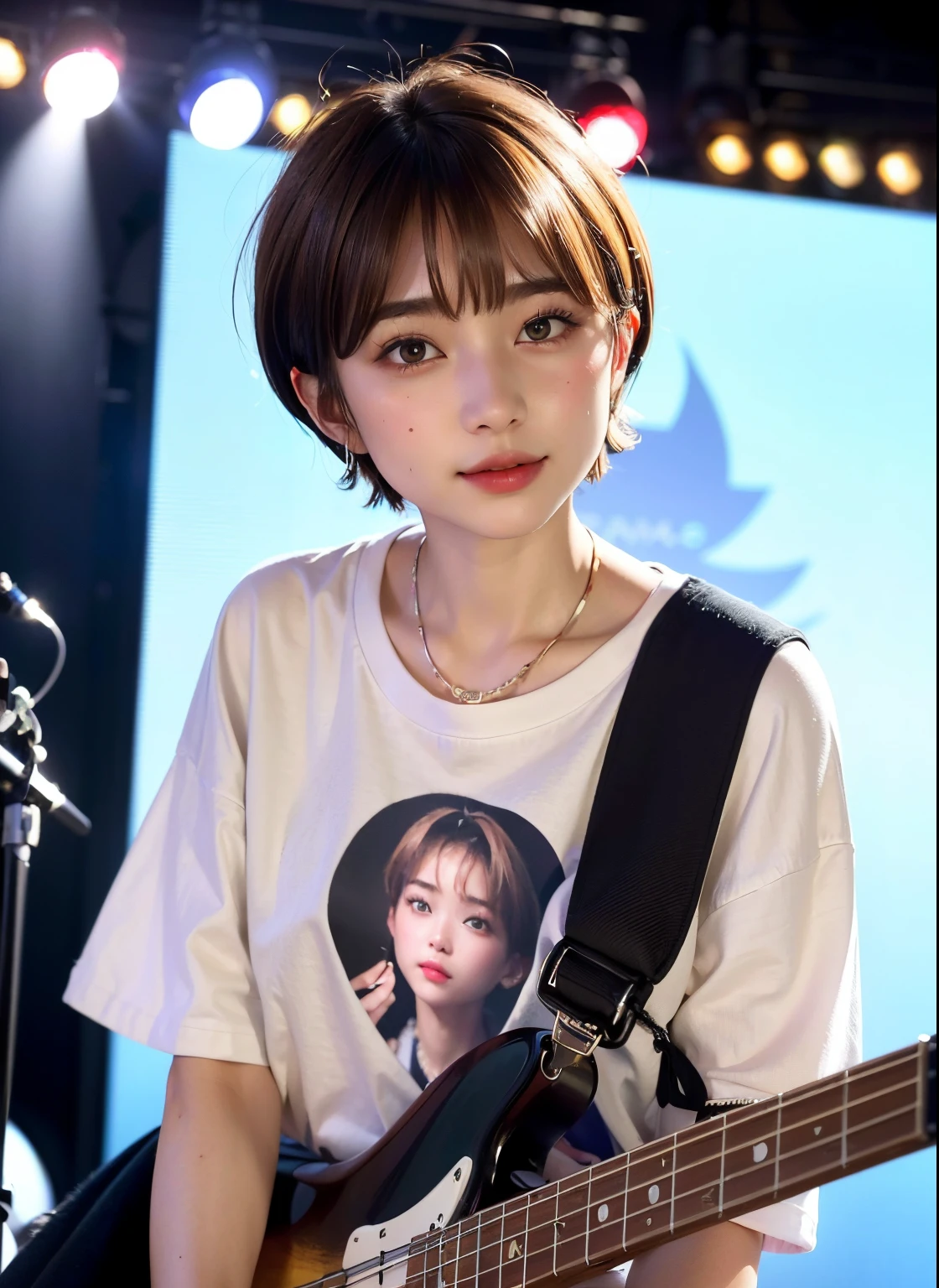 ((top-quality))、(masterpiece:1.4)、Raw photography、8K、((Top image quality))、 ((hight resolution))、Beautiful face in every detail、Realistic human skin、Gentle expression、(One lady:1.3 )、realisitic、(rather short hair:1.4)、(Beautuful Women)、(cute Japanese girls:1.3)、(boyish:1.3)、((mannish))、((Pretty Woman))、(Beautiful hair)、((dark brown hair))、(((Red cheeks)))、(Her eyes are big:1.3)、20-year-old beauty、(her face is small:1.3 )、small head、((long neck))、a necklace、((music festival))、(Concert T-shirt)、((On stage))、(play bass guitar)、((Happy look))、singers、Everyone admires her、rock band、(young woman admires her)、(popular person)、(Dynamism)、(Oversized clothes)、