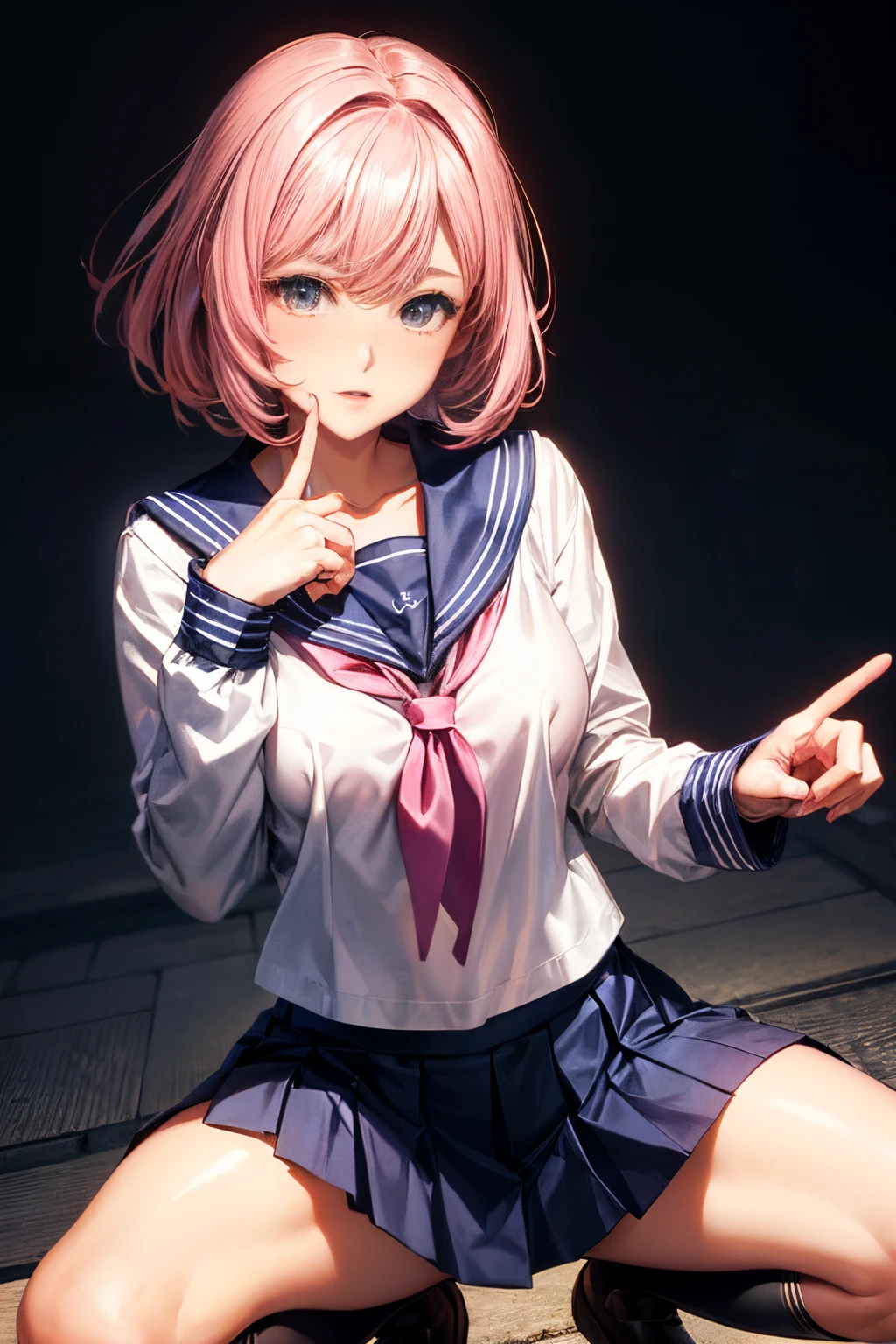 (female high-school student), NSFW, ((Metallic costume:1.5)), ((Anatomically correct hand:1.5)), Anime, Sexy, ((In Kyoto Animation Style:1.5)), super precision, masterpiece, very extremely beautiful, Princess Face, ((1人の女性)), ((Solo:1.5)), ((Pink hair:1.5)), ((BobKat 1.5)), BREAK, ((Black eyes)), short-cut, ((Straight hair)), BREAK, Full limbs, ((complete fingers:1.5)), ((Navy blue sailor uniform with long sleeves:1.5)), ((Dark blue pleated skirt:1.5))BREAK, ((Skindentation)), Professional Lighting, (25-years old), Narrow waist, Shiny skin (Brown skin), ((Oiled skin)), glistning skin, Looking at Viewer, Cowboy Shot, ((Dynamic Pose:1.5)), Looking at the camera, Sexy, A slight smil, Slightly open mouth, Ultra-fine eyes, Ultra-fine face, ((thin lips:1.5)), Sexy, ((drooping eyes)), A slight smil, Sexy, ((portlate:1.5)), faces, Sexy, Looking at the camera, Colossal tits, ((squatting)), kawaii faces, ,((Absolute Area)),