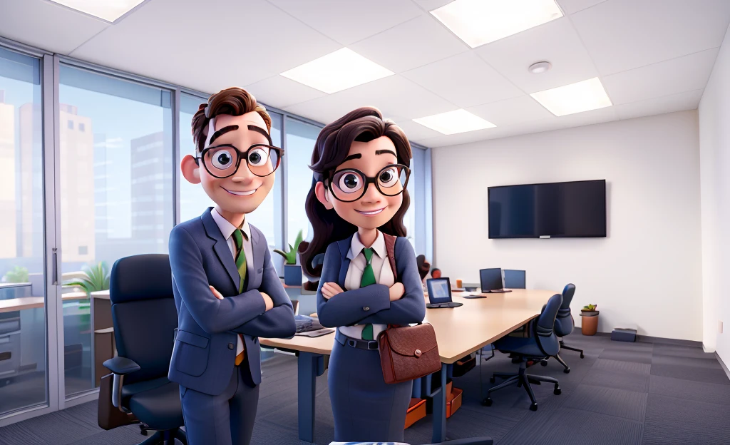 A Disney Pixar style business couple, high quality, in an office, wearing glasses.