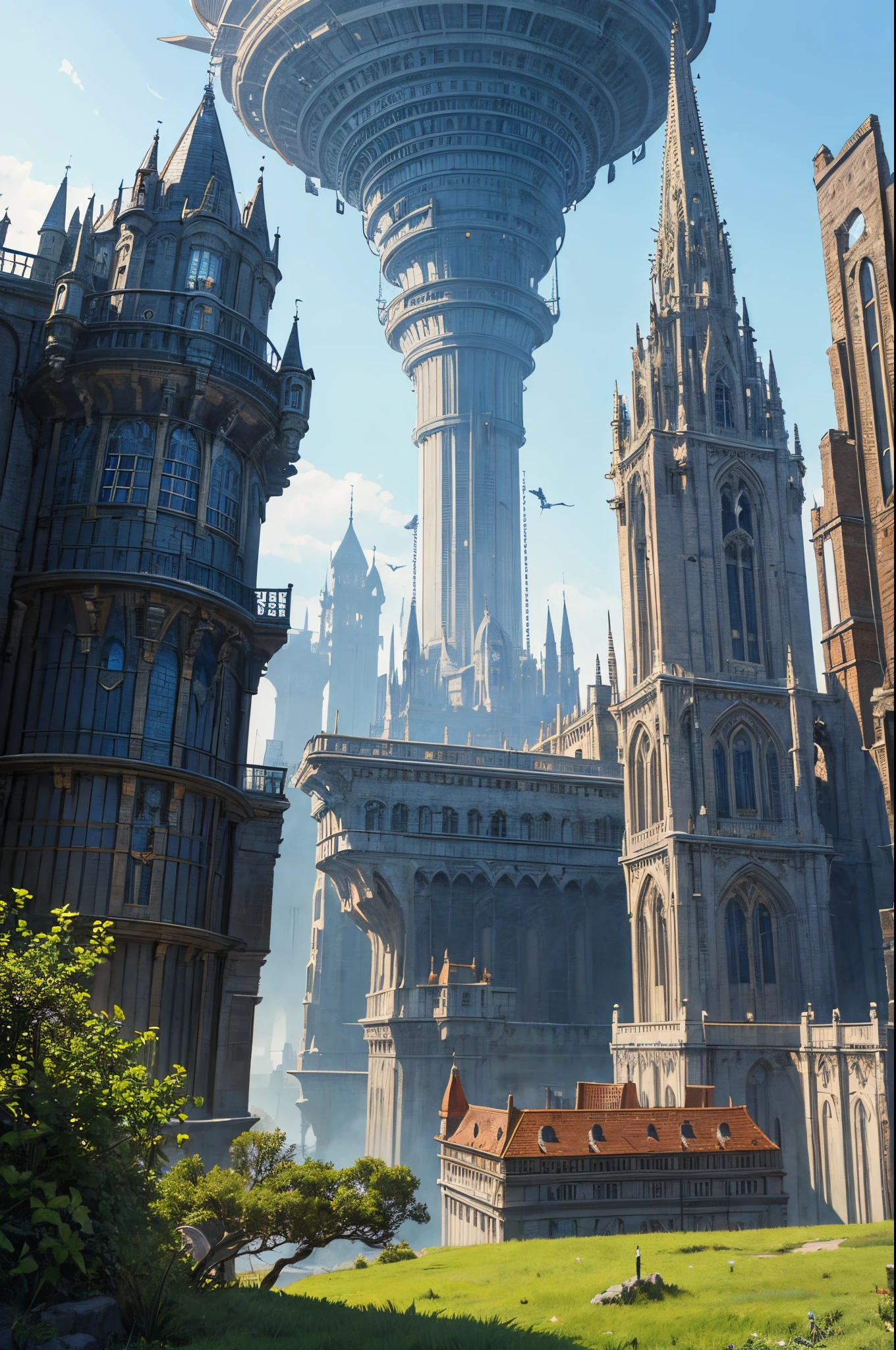 add more fantasy:  A wide shot of a fantasy city with a large tower in the center. The city is built on a series of floating islands, and there are airships flying around. The architecture is a mix of medieval and steampunk styles. There are also many strange and fantastical creatures walking around, such as dragons, unicorns, and fairies.