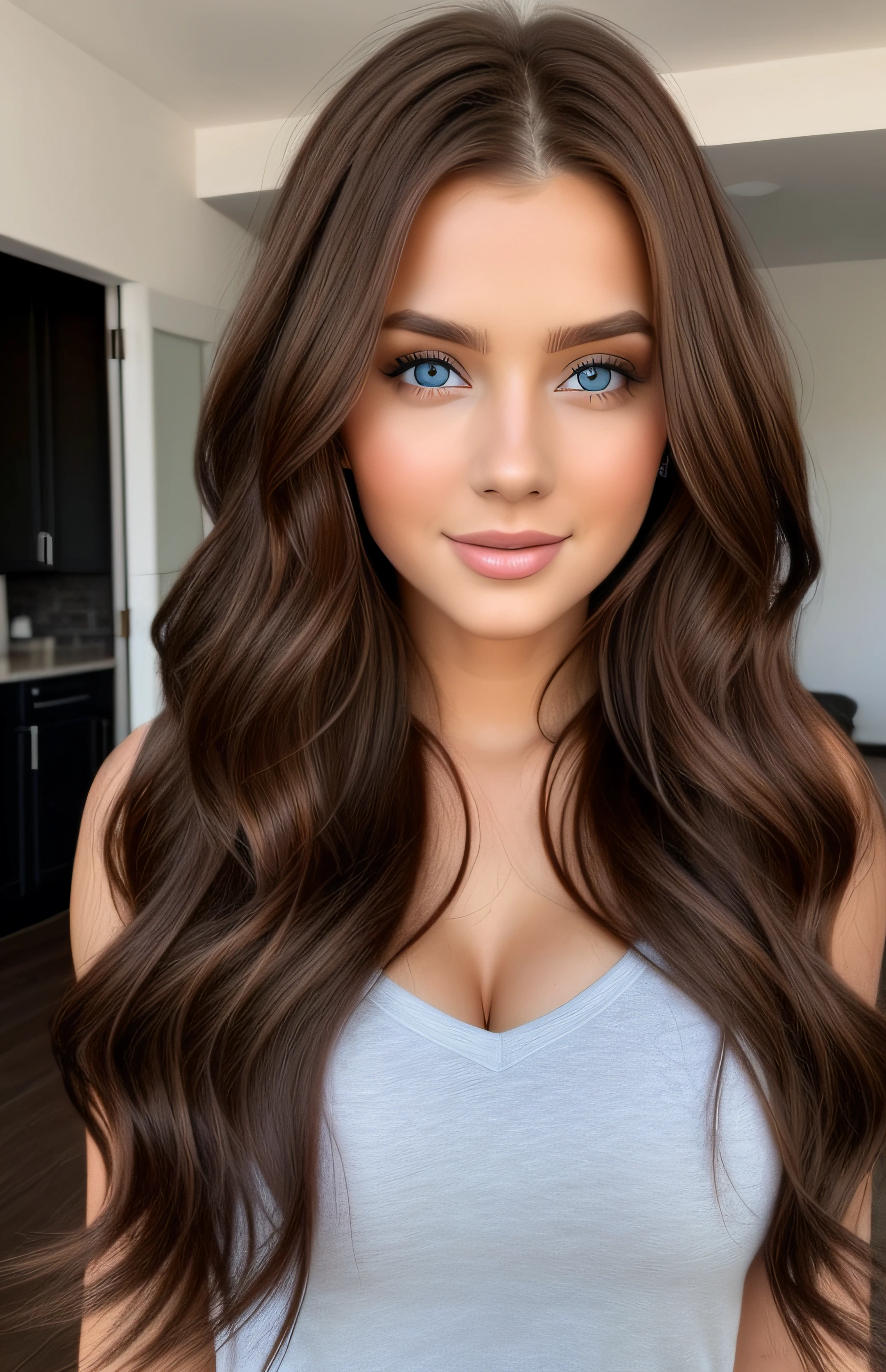 Beauty with long brown hair , big breast, blue eyes at home