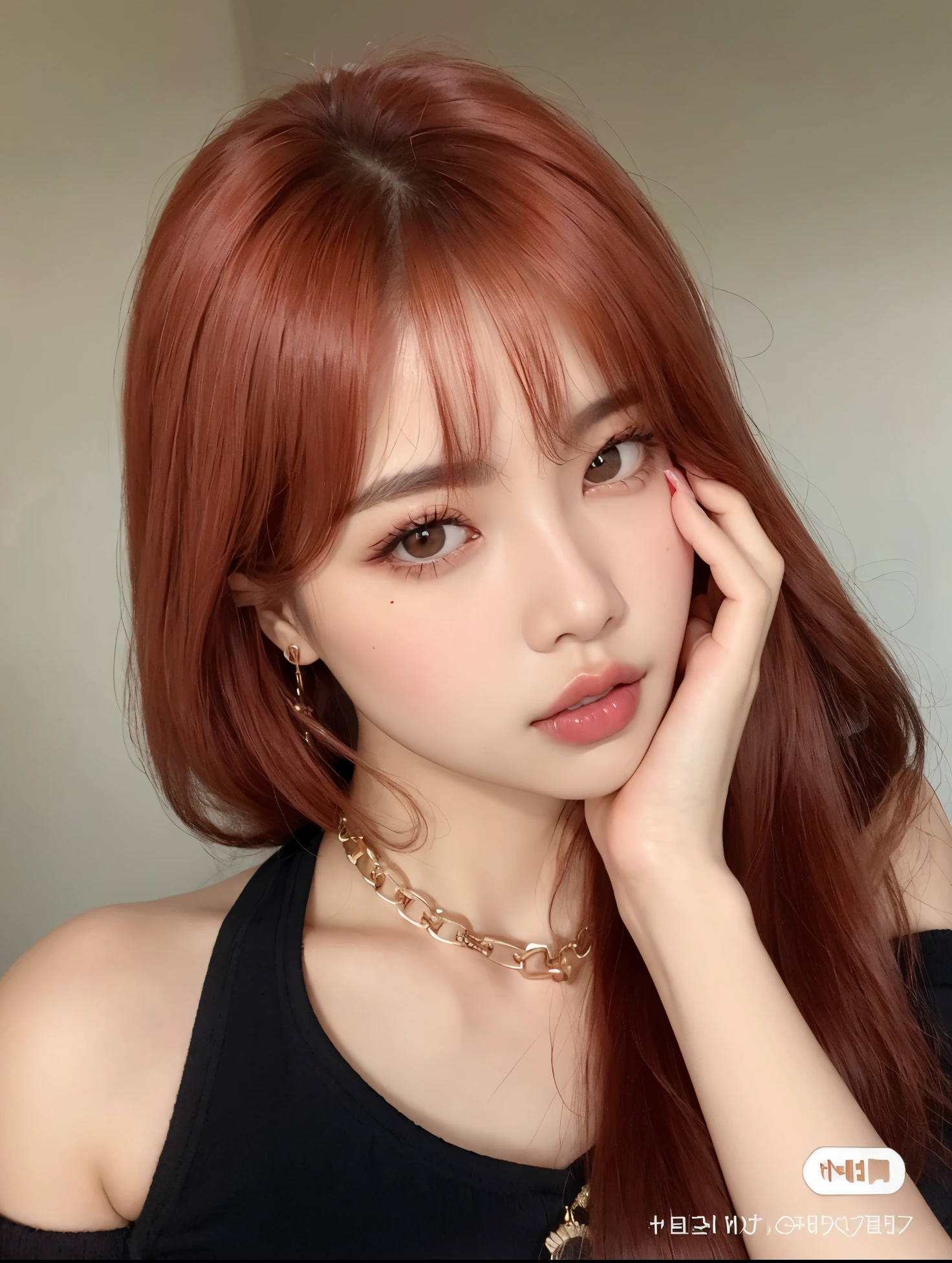 Un primer plano de una mujer pelirroja y un collar, Lalisa Manobal, ulzzang, Lalisa Manoban de Blackpink, coral brown hair, con flequillo, Sun Yunjoo, brown bangs, con flequillo completo, maquillaje coreano popular, Jossi de Blackpink, dilraba dilmurat, maquillaje popular de Corea del Sur, lentes de contacto rojas