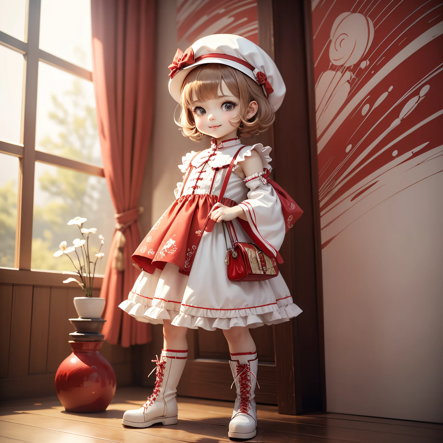 masterpiece、top-quality、ultra-detailliert、(Chibi Chara's Daughter:1.2),white red swirl hat,A one-piece dress with a luxuriously decorated swirl pattern in two colors: white and red.,Red and white two-tone combination boots,Red Shoulder Bag,a smile,Full-body standing figure,The background wallpaper is red and white curtain