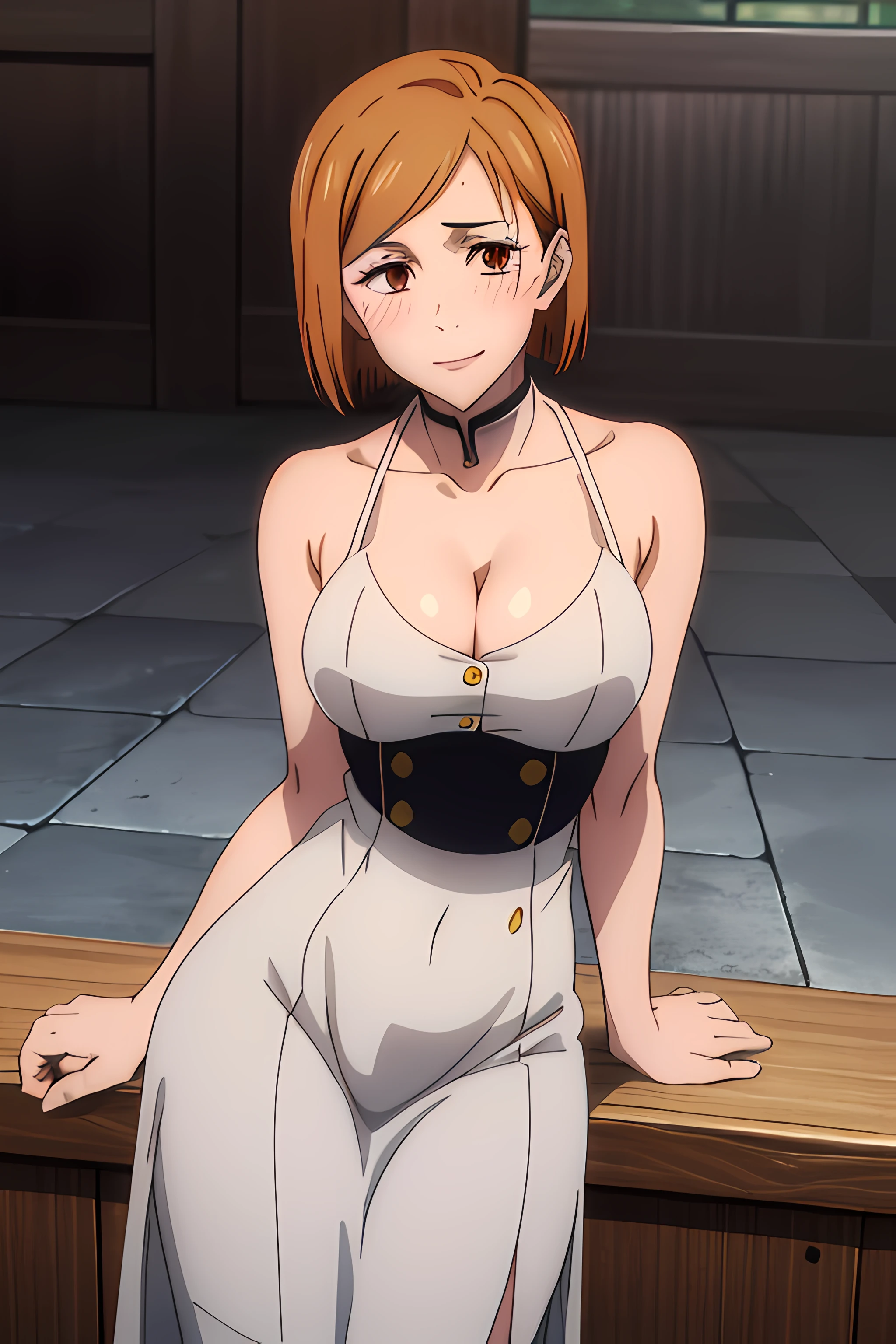 (masterpiece), (best quality), (ultra-detailed), (best illustration), (best shadow), (absurdres), nobarakugisakinova, short hair, orange hair, ((brown eyes)), kugisaki nobara, 1girl, solo, bangs, looking at viewer, upper body, ((dress)), ((cleavage)), ballroom background, perfect body, ((perfect breasts)), Hourglass body, thin waist, very thin waist, large breasts, sexy, (skinny), ((blushing)), bare shoulders, bare collarbone, smile, (bare neck),