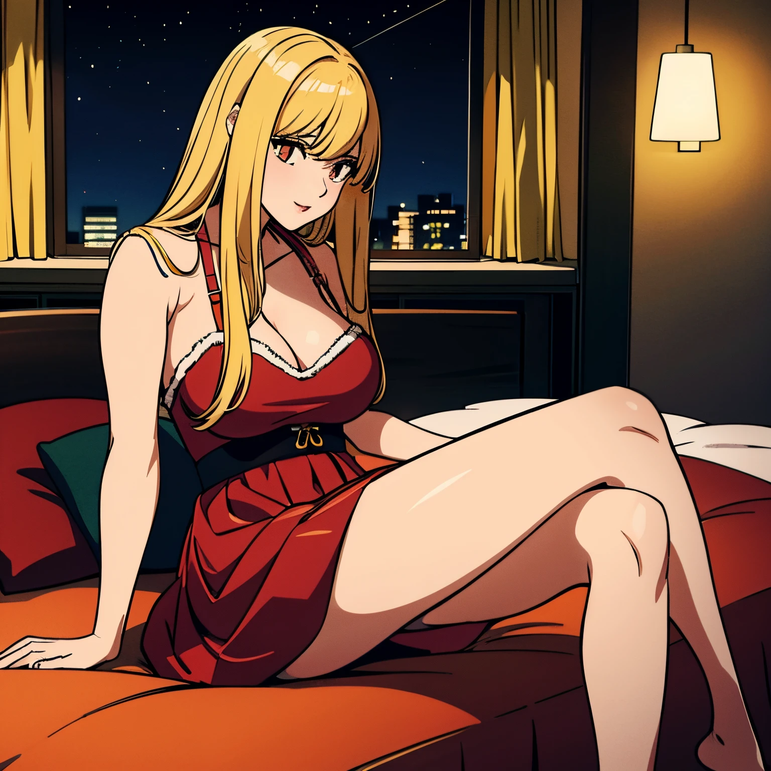 1 girl, Misa Amane, sitting on the bed, wearing Christmas outfit, red skirt, bare legs, crossed legs, high quality, sfw, good anatomy