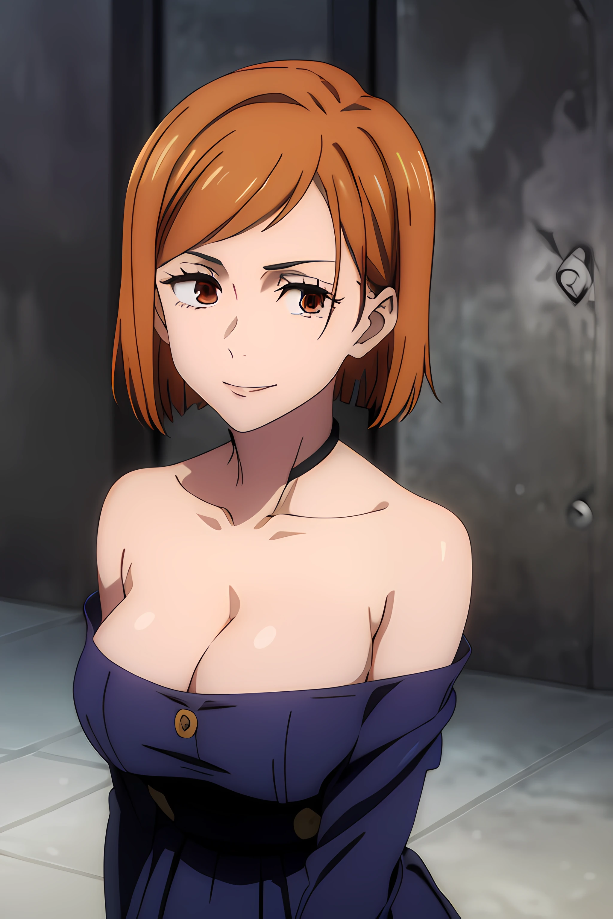 (masterpiece), (best quality), (ultra-detailed), (best illustration), (best shadow), (absurdres), nobarakugisakinova, short hair, orange hair, ((brown eyes)), kugisaki nobara, 1girl, solo, bangs, looking at viewer, upper body, ((blue dress)), ((cleavage)), ballroom background, perfect body, ((perfect breasts)), Hourglass body, thin waist, very thin waist, large breasts, sexy, (skinny), bare shoulders, bare collarbone, smile, (bare neck),