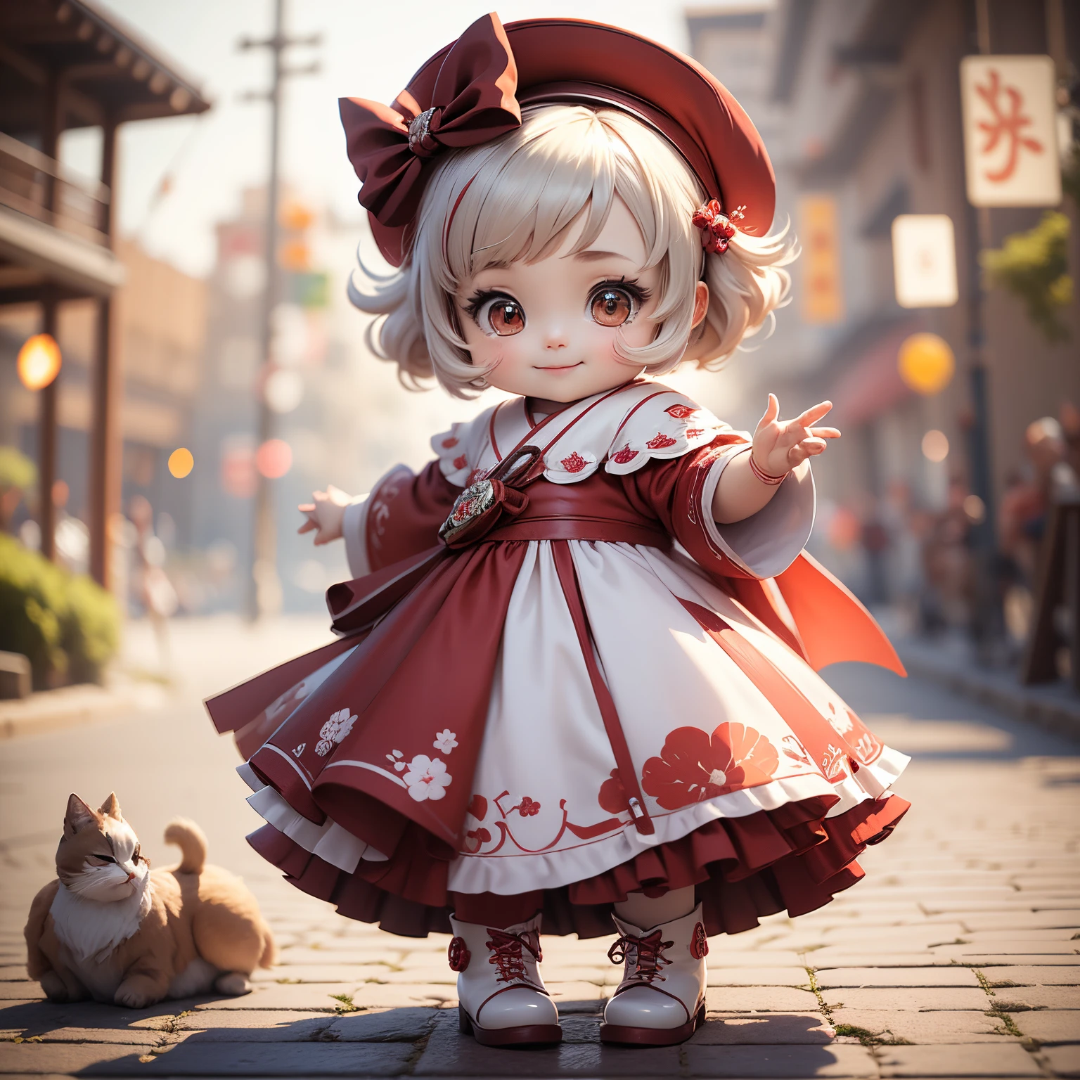 ​masterpiece、top-quality、ultra-detailliert、（Chibi Chara's Daughter：1.2），white red swirl hat，A dress luxuriously decorated with two-colored swirl patterns: White and red.，Red and white two-tone combination boots，Red Shoulder Bag，A smile，Full-body standing figure,The background wallpaper is Kohakumaku wallpaper