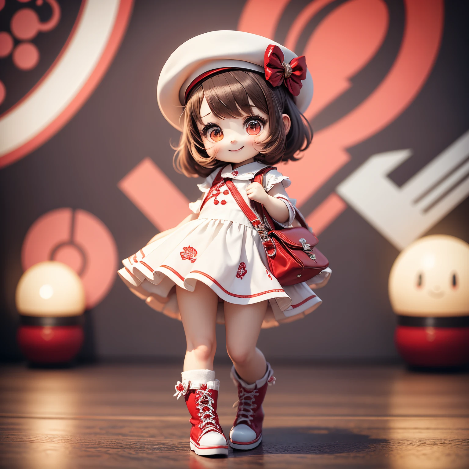 masterpiece、top-quality、ultra-detailliert、(Chibi Chara's Daughter:1.2),white red swirl hat,A dress luxuriously decorated with two-colored swirl patterns: White and red.,Red and white two-tone combination boots,Red Shoulder Bag,A smile,Full-body standing figure,The background wallpaper is Kohakumaku wallpaper