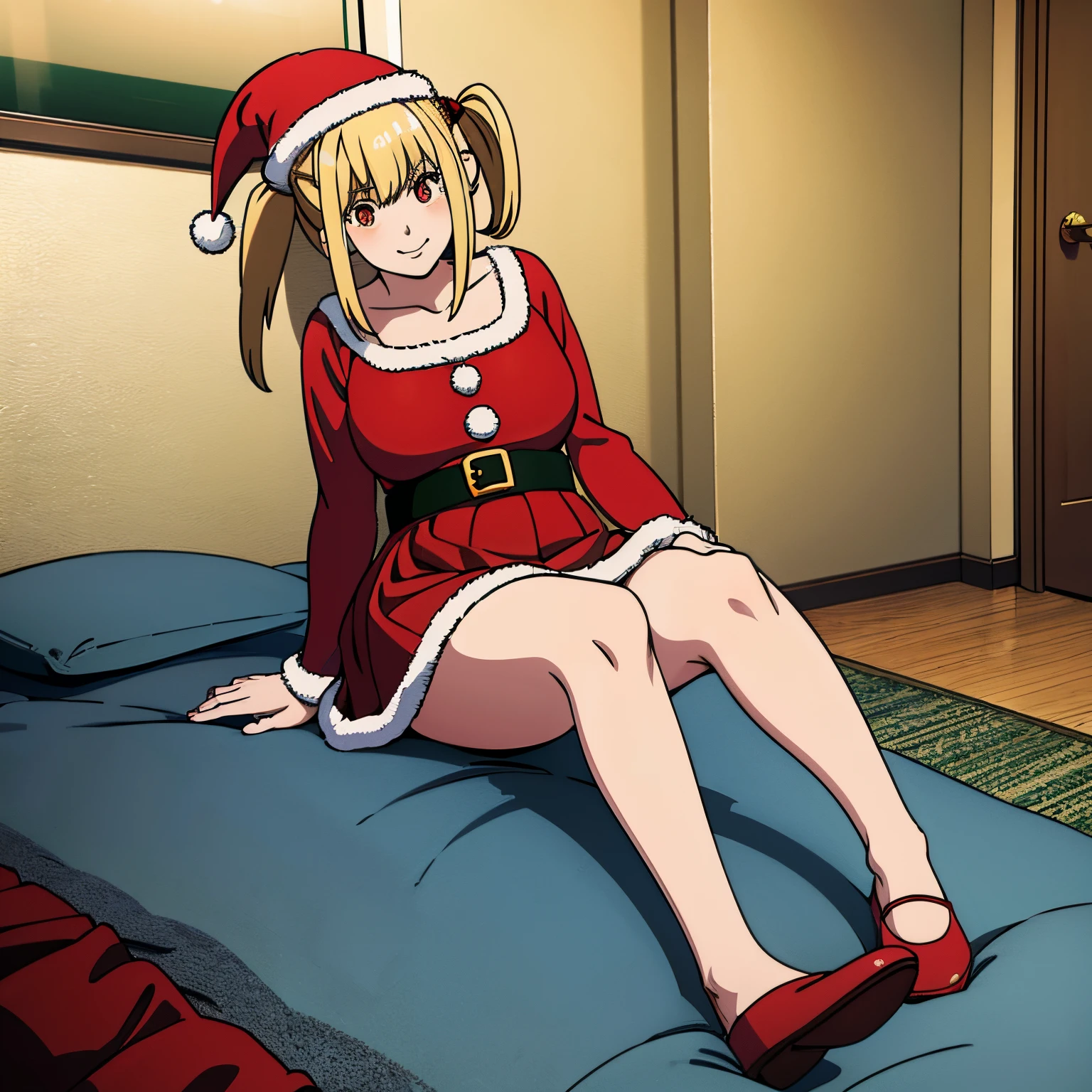 1 girl, Misa Amane, twintail, sitting on the bed, wearing santa hat, wearing Christmas outfit, red skirt, bare legs, crossed legs, high quality, sfw, good anatomy