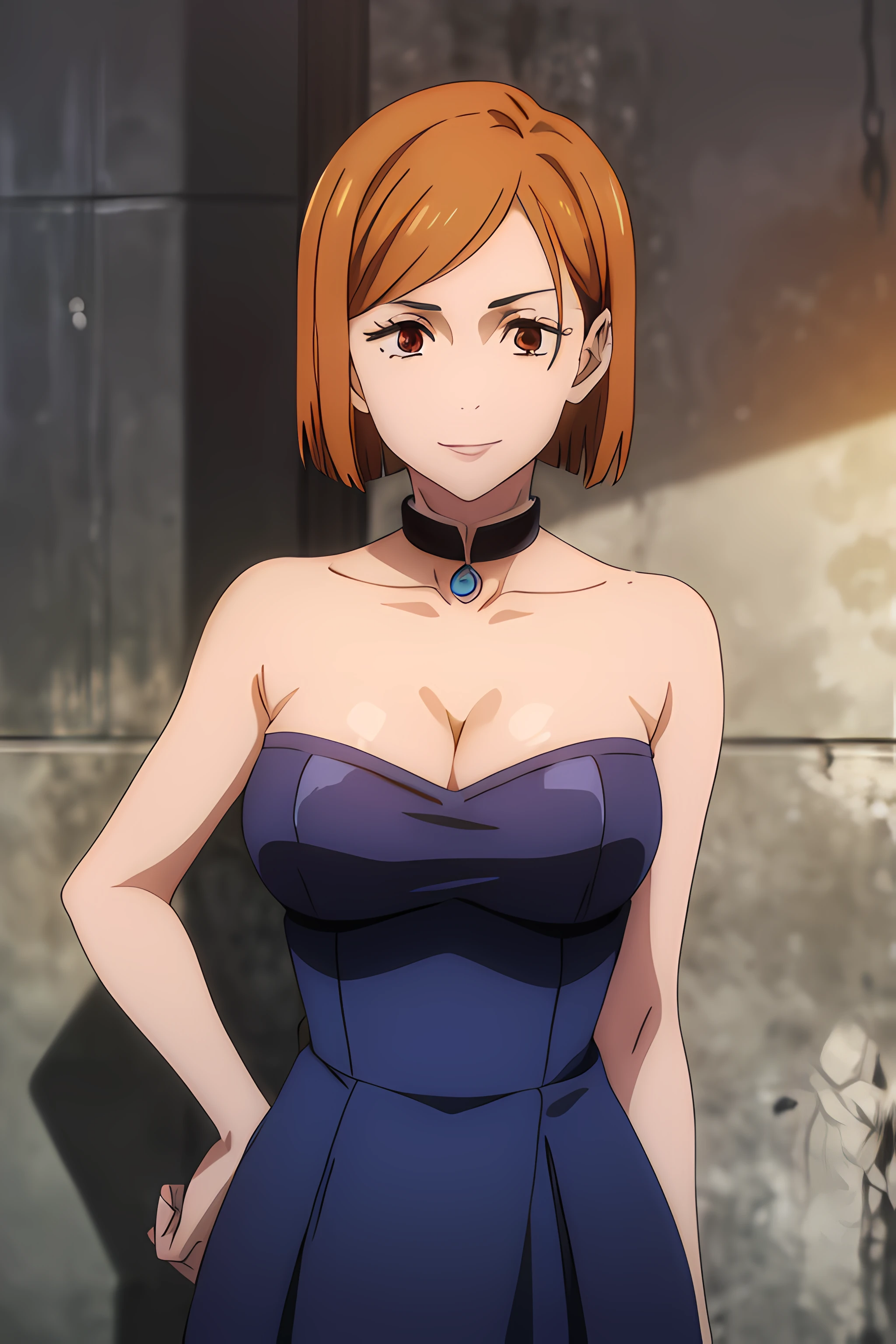 (masterpiece), (best quality), (ultra-detailed), (best illustration), (best shadow), (absurdres), nobarakugisakinova, short hair, orange hair, ((brown eyes)), kugisaki nobara, 1girl, solo, bangs, looking at viewer, upper body, ((strapless blue dress)), ((cleavage)), ballroom background, perfect body, ((perfect breasts)), Hourglass body, thin waist, very thin waist, large breasts, sexy, (skinny), bare shoulders, bare collarbone, smile, (bare neck),