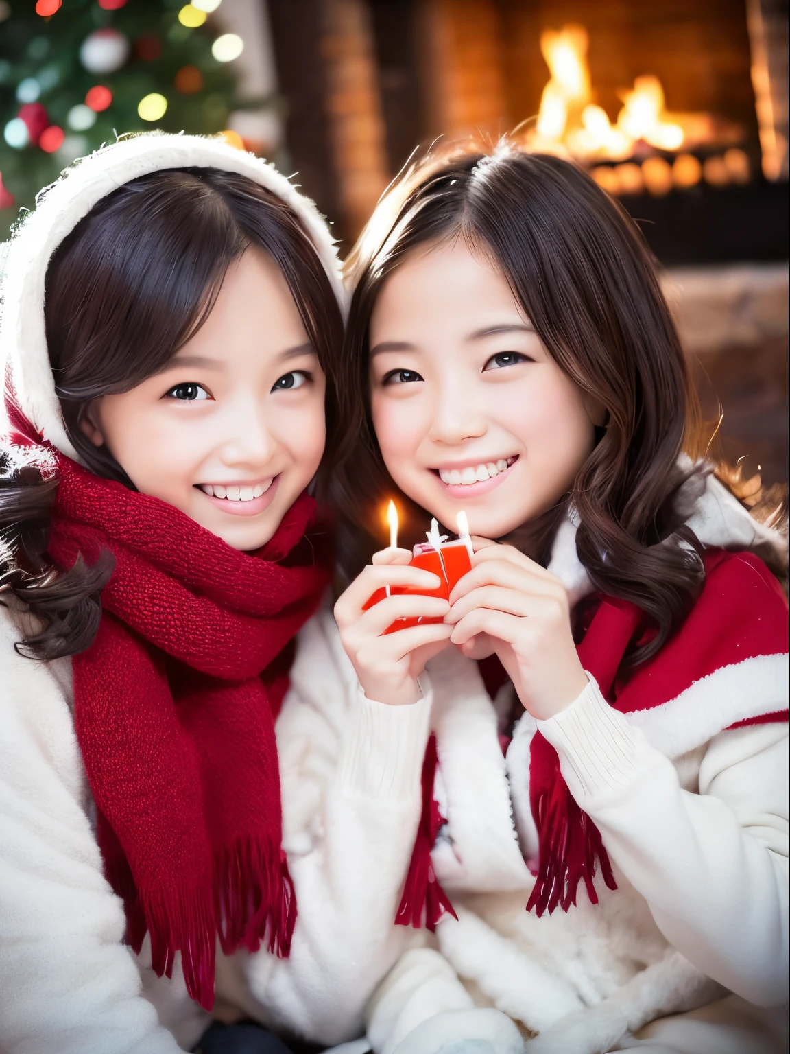 (Best Quality,Photorealistic,hight resolution),2girls,Beautiful detailed eyes,Beautiful detailed lips,Smiling,Laughing,Cute,Christmas Eve,Happy,having fun,Winters,Joyful,excited,Twinkling lights,Decorated Christmas Tree,clew,cosy atmosphere,Warm fireplace,magical moments,sparkling stars,Glowing candles,snowflakes falling,ground covered with soft snow,colorful holiday decorations,red and green colors,Elegant dresses,Fluffy scarves,Happy memories,cherish sisterhood,love and laughter、12-year-old sisters、a baby face、childish、Looking at the camera、Present Box、