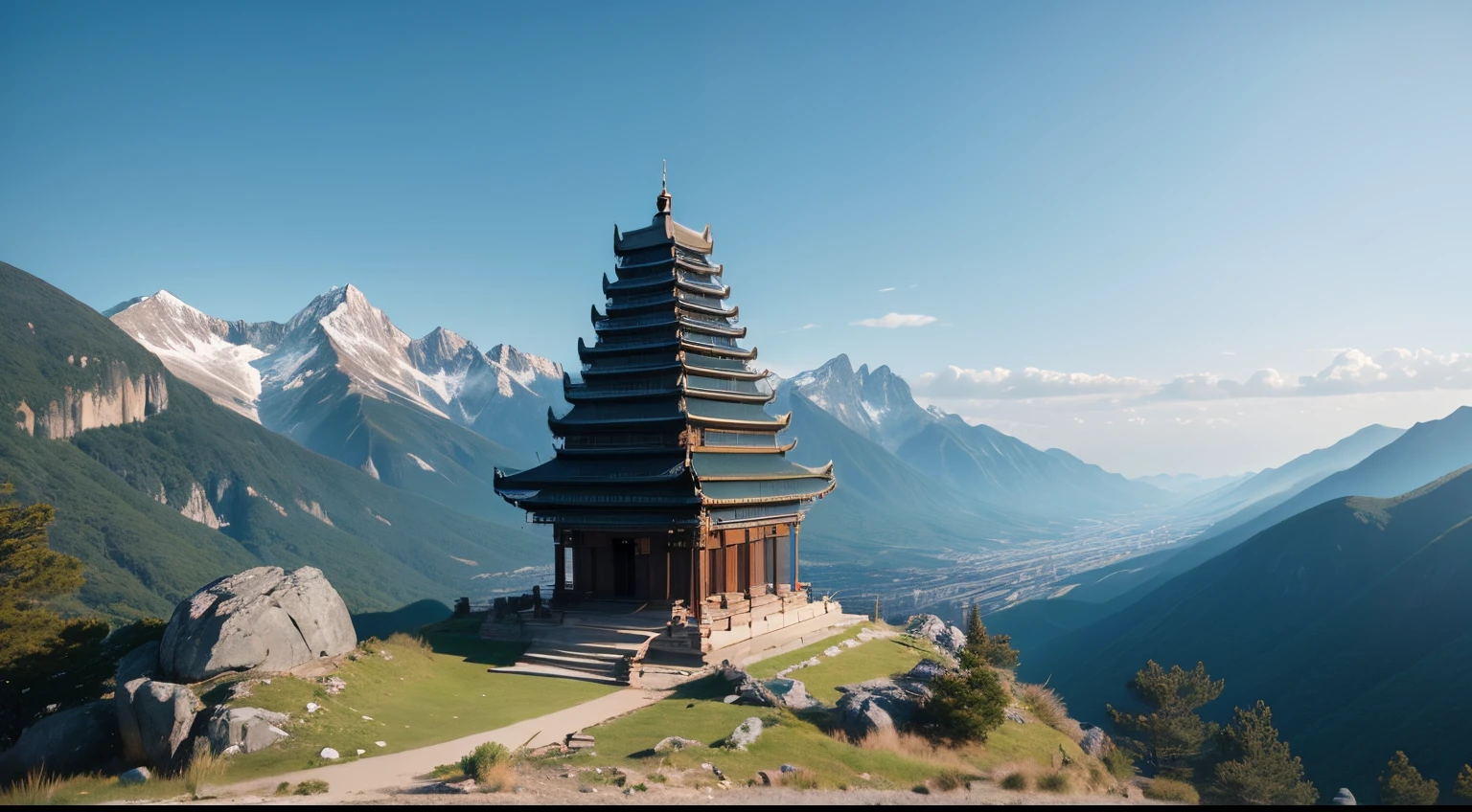 High-definition photos、Low perspective、low angles、in a panoramic view、Rugged mountains、Rocky、temple、steel tower fire、No person、majestic view、amazing view、training institute、No person。