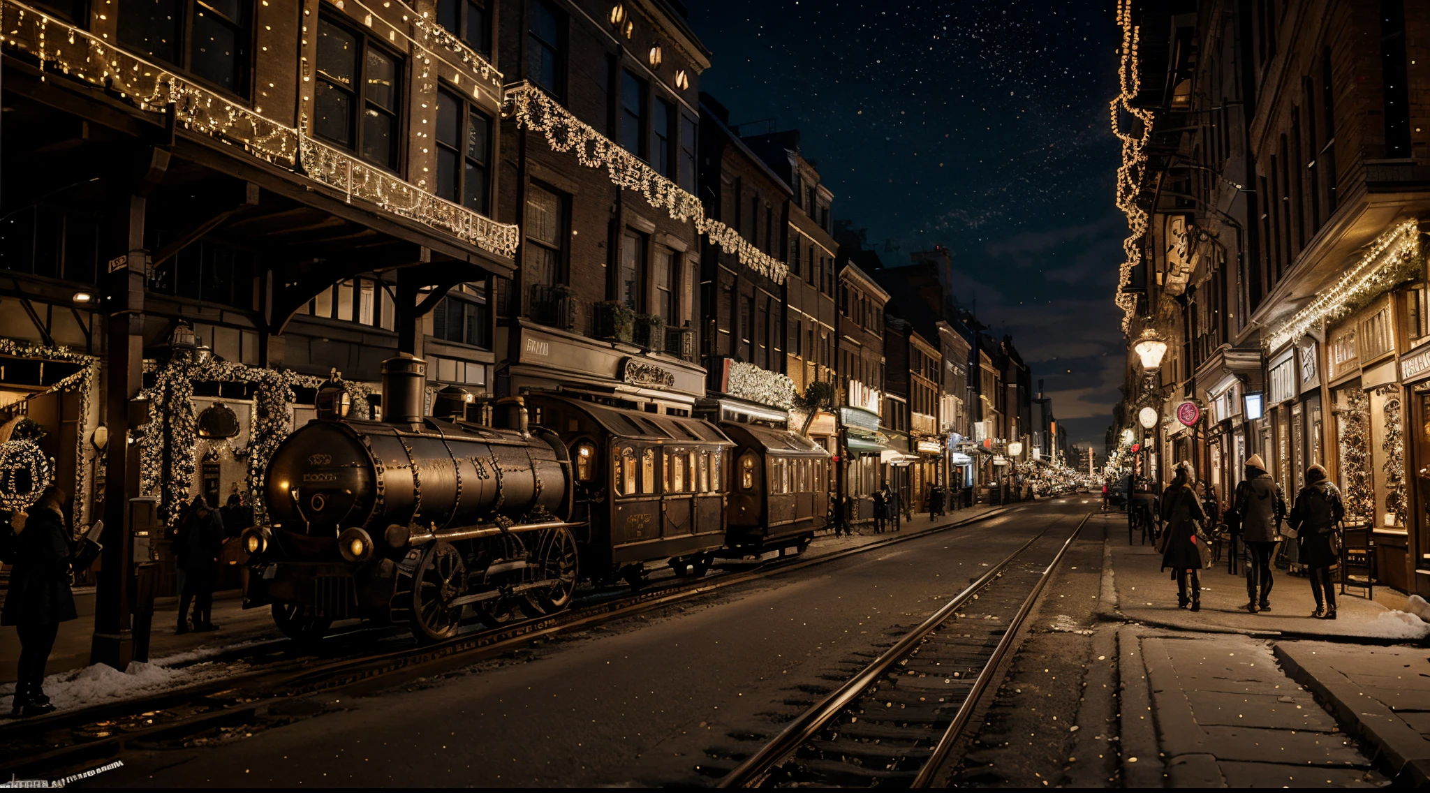 steampunk in christmas day, christmas lights in city, effect ultra realistic