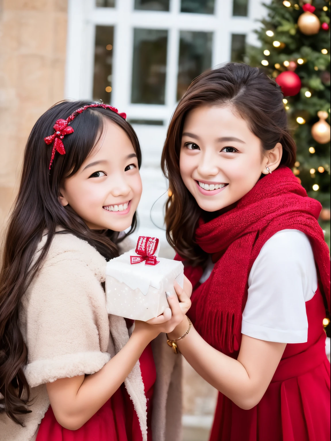 (Best Quality,Photorealistic,hight resolution),2girls,Beautiful detailed eyes,Beautiful detailed lips,Smiling,Laughing,Cute,Christmas Eve,Happy,having fun,Winters,Joyful,excited,Twinkling lights,Decorated Christmas Tree,clew,cosy atmosphere,Warm fireplace,magical moments,sparkling stars,Glowing candles,snowflakes falling,ground covered with soft snow,colorful holiday decorations,red and green colors,Elegant dresses,Fluffy scarves,Happy memories,cherish sisterhood,love and laughter、-yeld sirs、a baby face、Looking a camera、Present Box、