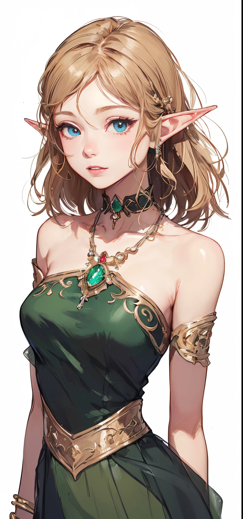 Mystical elf, enchanted forest, close-up revealing otherworldly charm, adorned with intricate gold and silver jewelry, jewels catching the light, light green hair flowing delicately, 1:1 format, soft ethereal glow, fantasy illustrator, detailed and ethereal digital illustration, close-up portrait, gold, silver, and light green color scheme, high-quality and detailed computer graphics, artistic and enchanting quality.