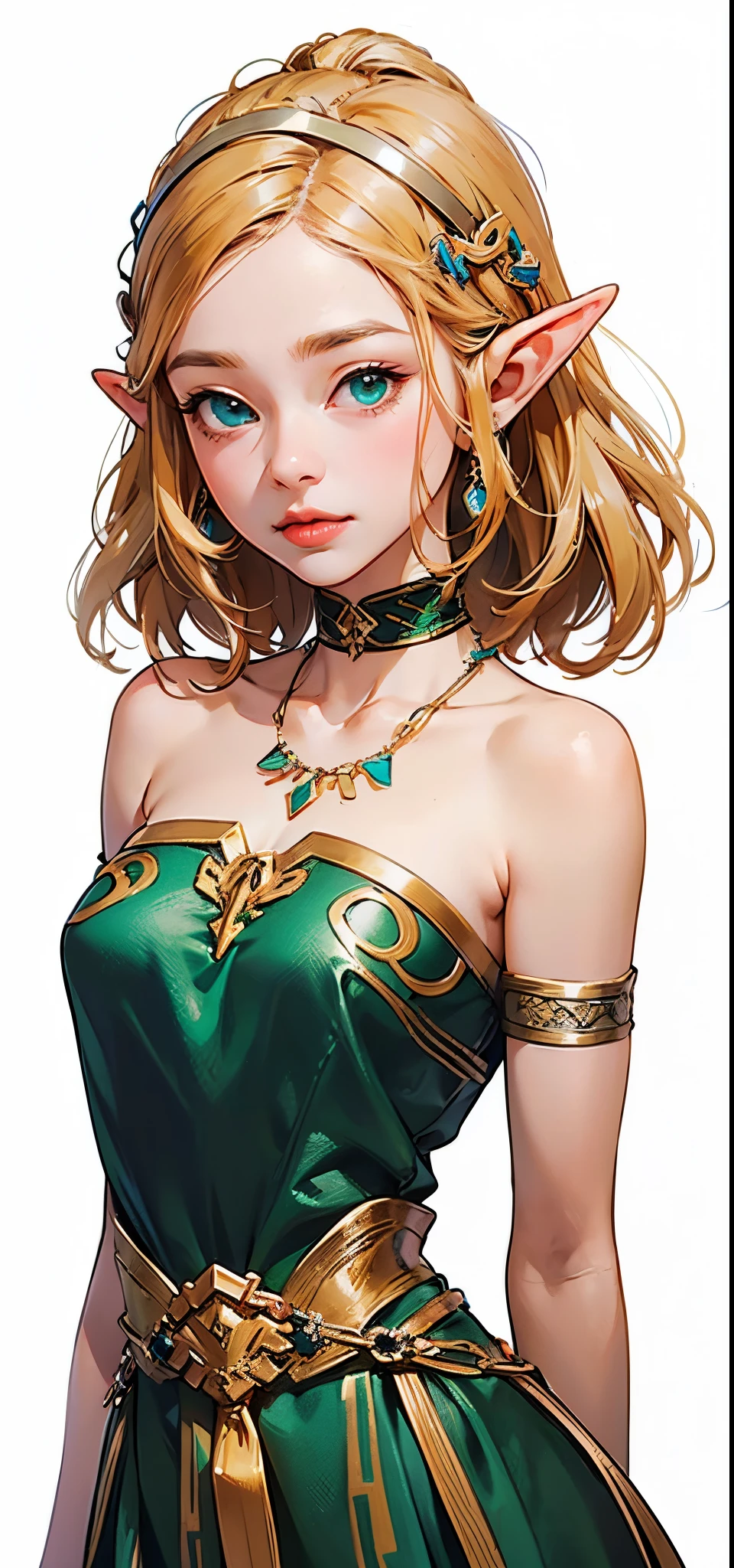 Mystical elf, enchanted forest, close-up revealing otherworldly charm, adorned with intricate gold and silver jewelry, jewels catching the light, light green hair flowing delicately, 1:1 format, soft ethereal glow, fantasy illustrator, detailed and ethereal digital illustration, close-up portrait, gold, silver, and light green color scheme, high-quality and detailed computer graphics, artistic and enchanting quality.