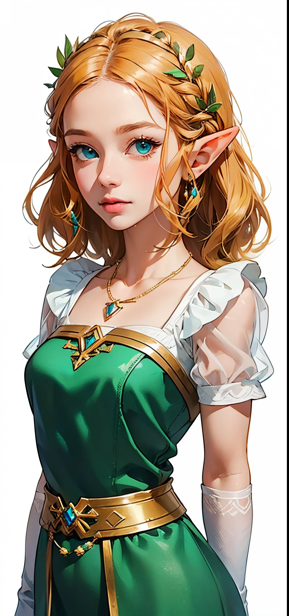 Mystical elf, enchanted forest, close-up revealing otherworldly charm, adorned with intricate gold and silver jewelry, jewels catching the light, light green hair flowing delicately, 1:1 format, soft ethereal glow, fantasy illustrator, detailed and ethereal digital illustration, close-up portrait, gold, silver, and light green color scheme, high-quality and detailed computer graphics, artistic and enchanting quality.