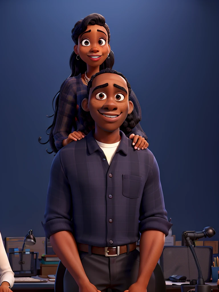 A dark-skinned couple, Disney Pixar style, high quality, in an office,
with the text Vêcomval.