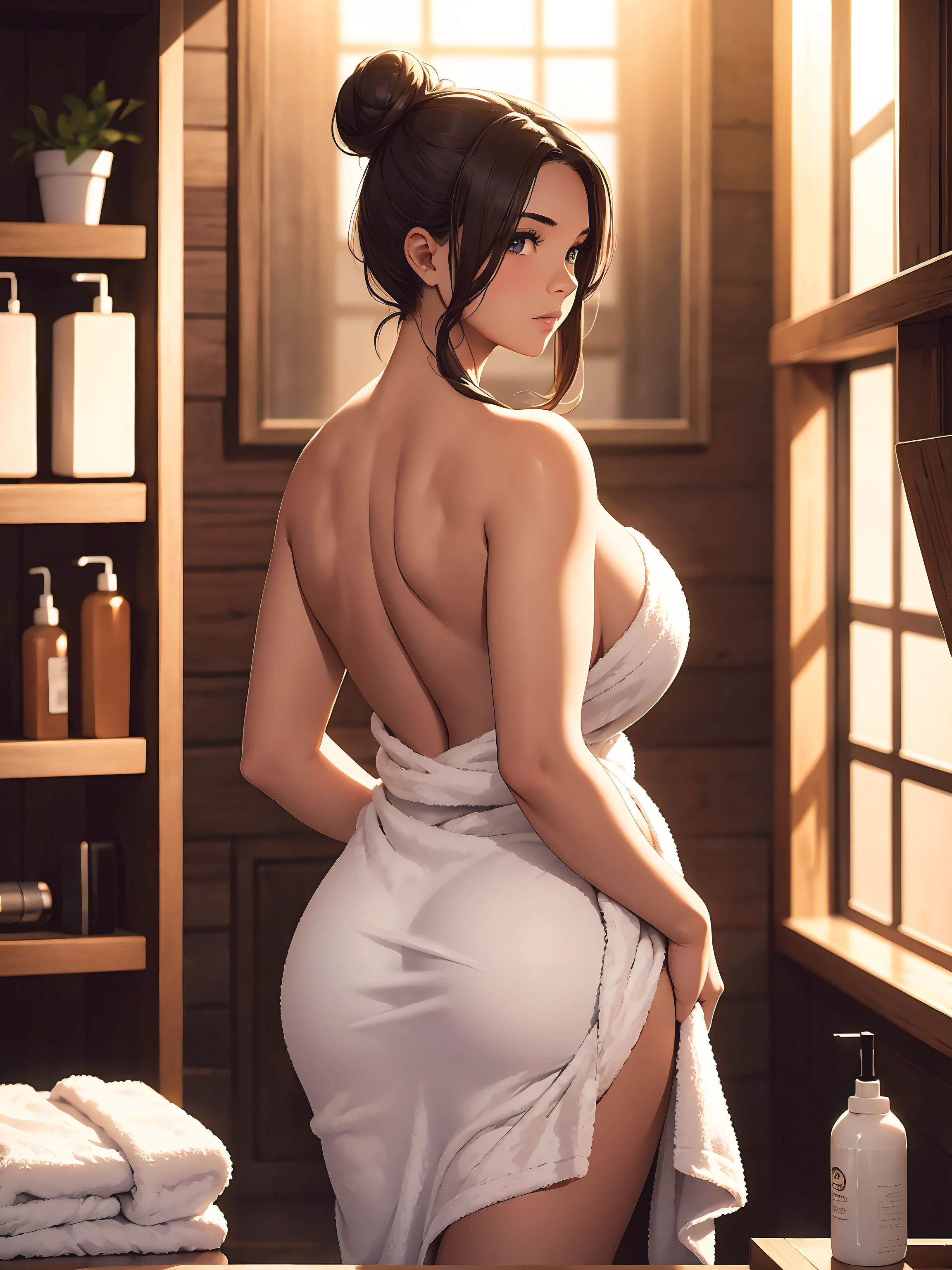 High detailed, 4k, Masterpiece, Cinematic Lighting, voluptuous woman with a curvy body, in a bathroom, naked, she is wearing a towel around her body, bun, depth of field, from behind,