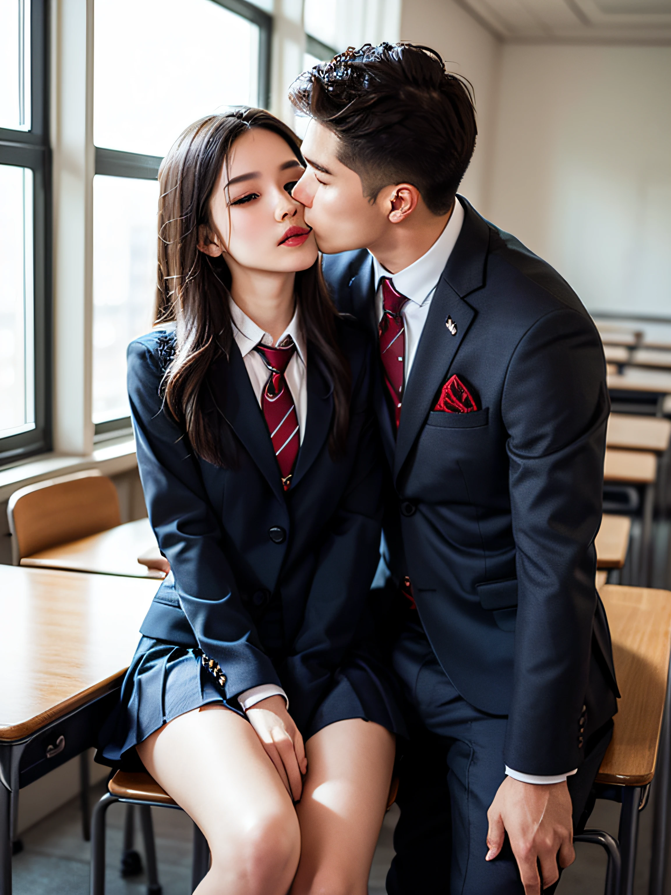 top-quality、hight resolution、ultra-detailliert、​masterpiece、Raw photography、realisitic、Photorealsitic:1.5、extremely delicate and beautiful、finely detail、 Beautiful woman in high school uniform、(Kissing a beautiful man in a suit)、(In an empty classroom)、A detailed face