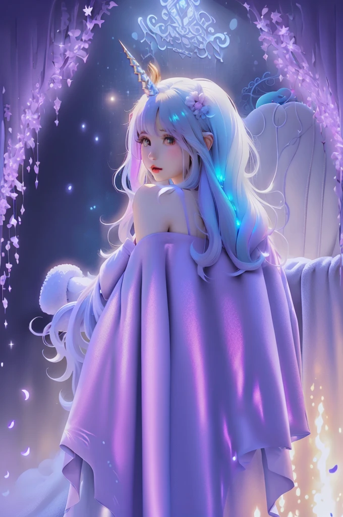There is a white unicorn girl, blue mane and long mane, white unicorn, unicorn, unicorn horns, A unicorn, celestia, Nine stories, blue unicorn, soft dreamy, cinematic light《fangs》Unicorn in, mythological creatures, a mythical creature, Pokémon illustration, unicorns, a glaceon princess, Auroracore, ghostly iridescent, image good for rendering, laying in the bed, looking back, unicorn girl, full body.