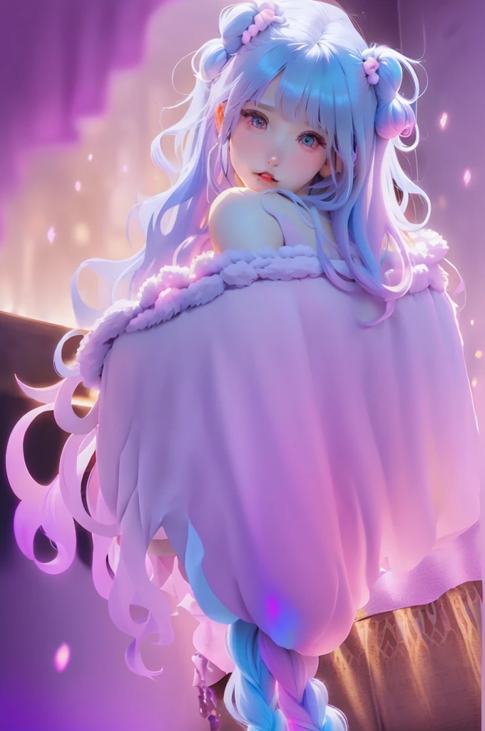 There is a white unicorn girl, blue mane and long mane, white unicorn, unicorn, unicorn horns, A unicorn, celestia, Nine stories, blue unicorn, soft dreamy, cinematic light《fangs》Unicorn in, mythological creatures, a mythical creature, Pokémon illustration, unicorns, a glaceon princess, Auroracore, ghostly iridescent, image good for rendering, laying in the bed, looking back, unicorn girl, full body.