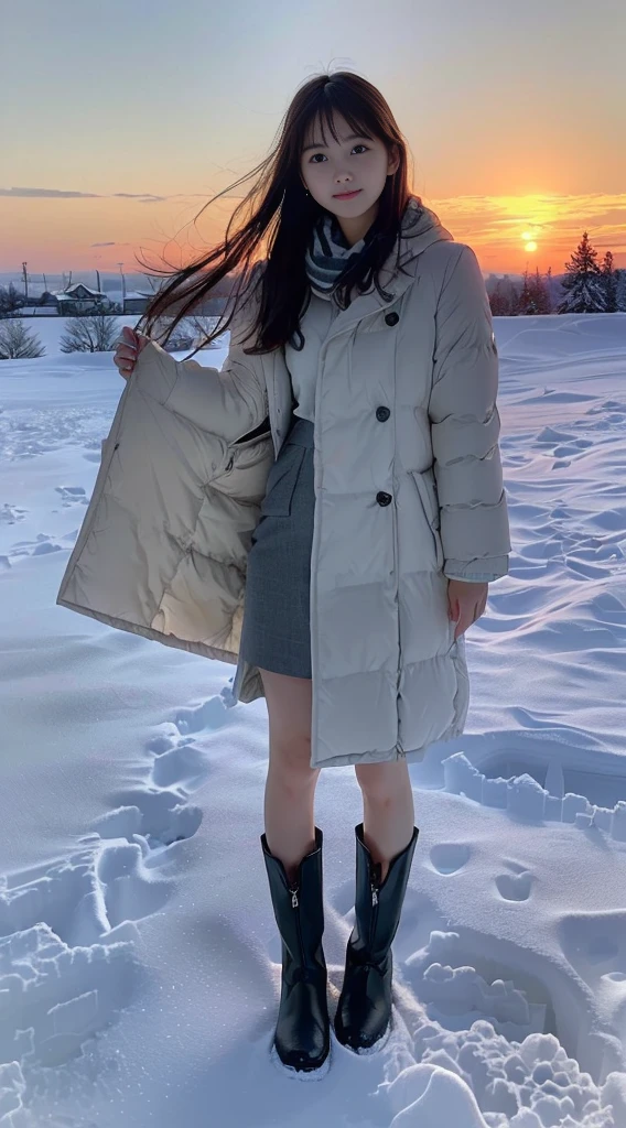 (One slender girl、Has long hair with dull bangs in winter uniform with white winter coat and gray scarf:1.5)、(A girl stands looking straight ahead with a lonely expression、the hair flutters with the wind:1.3)、(Beautiful snowy sunset red sky:1.5)、(Perfect Anatomy:1.3)、(No mask:1.3)、(complete fingers:1.Phototriaritic、(take a photo of the subject'full bodyesbian:1.5)、masutepiece、top-quality、High resolution, delicate and pretty、face perfect、Delicate and beautiful air skin around the eyes、Real Human Skin、pores、((thin legs))、(Dark hair)、(Ankle Boots)